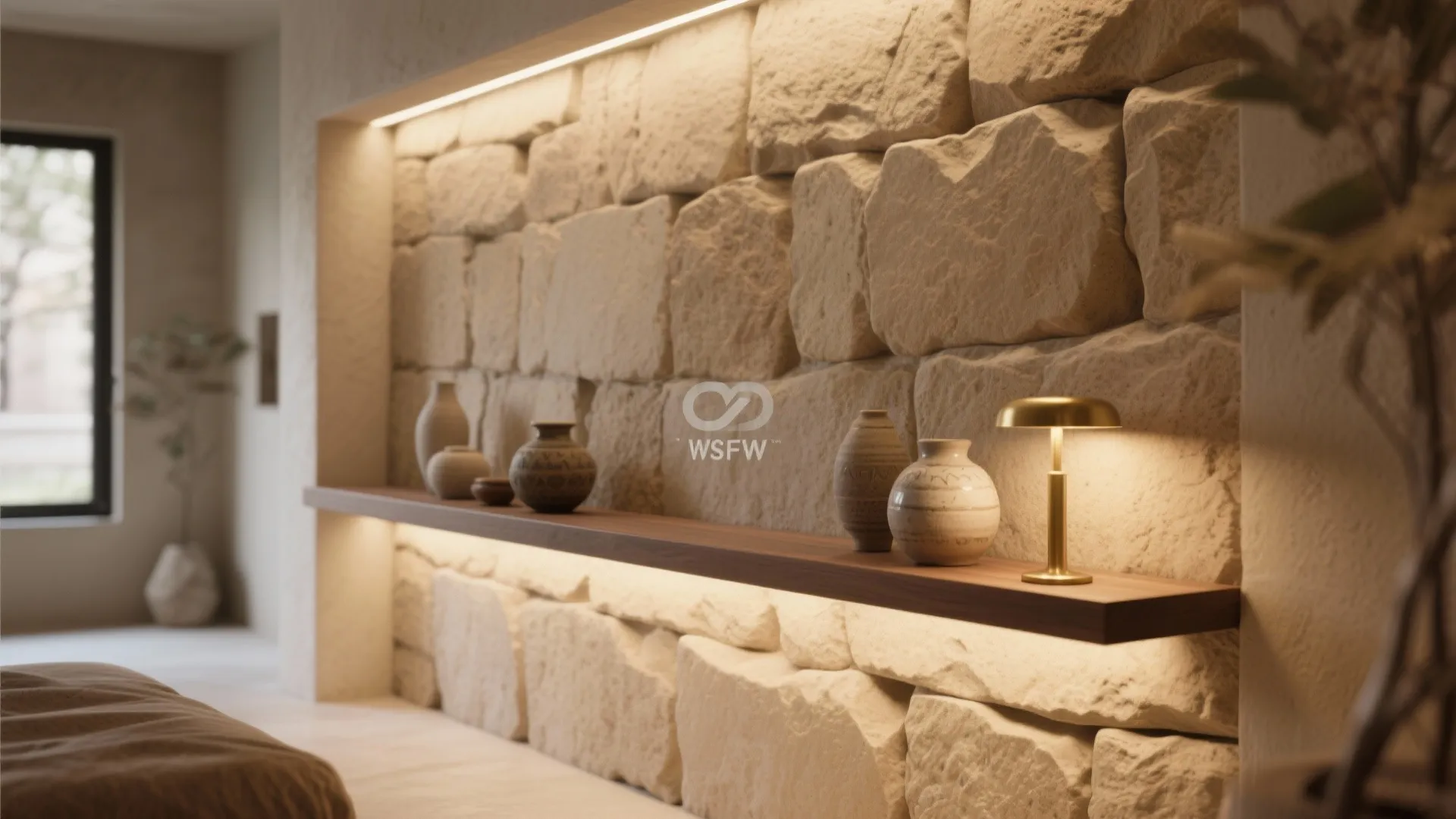 Stone wall with wooden shelf holding ceramic vases and a gold desk lamp with lighting
