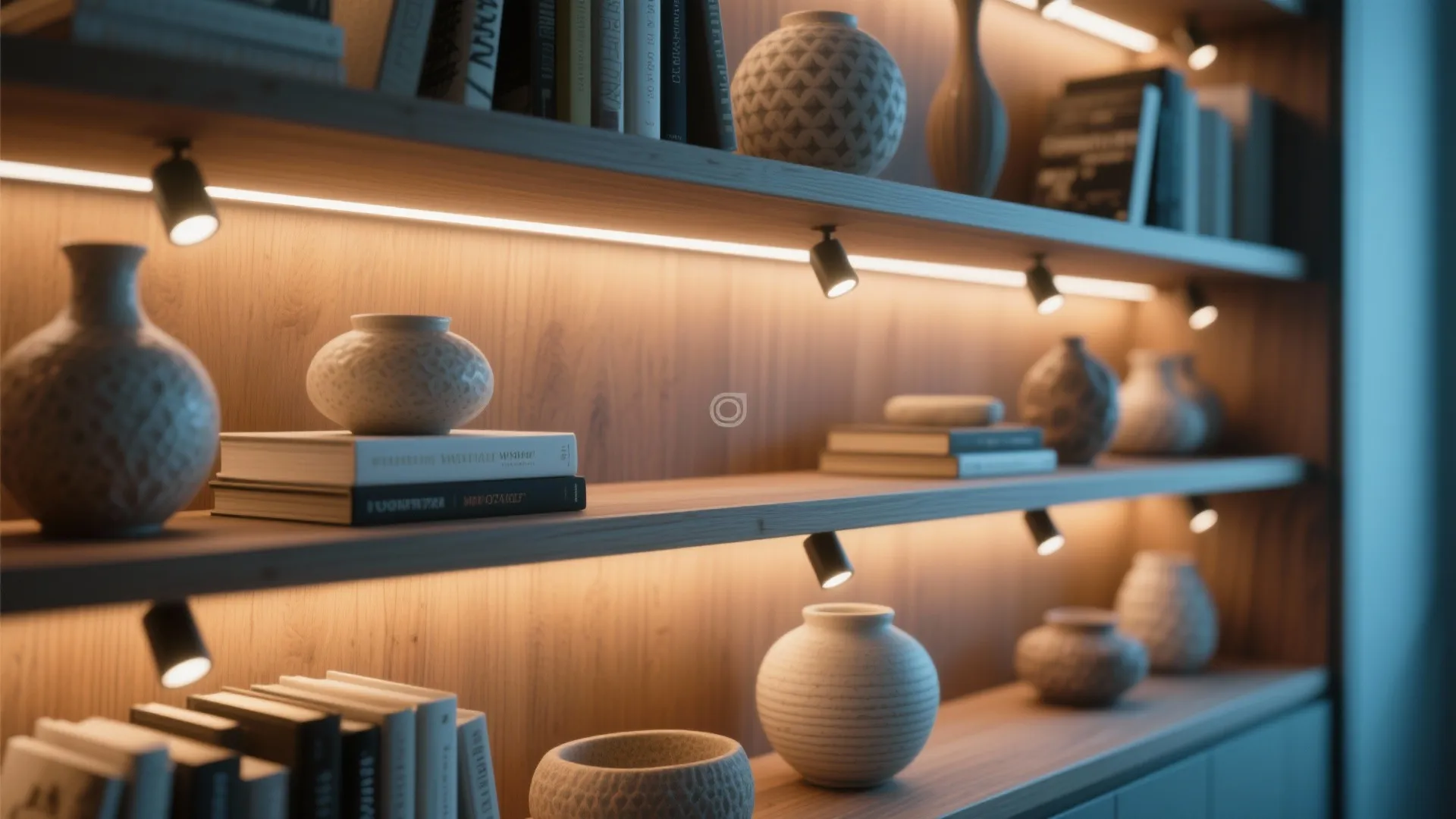Wooden shelving unit with warm light strips small wall lights vases books and home decor