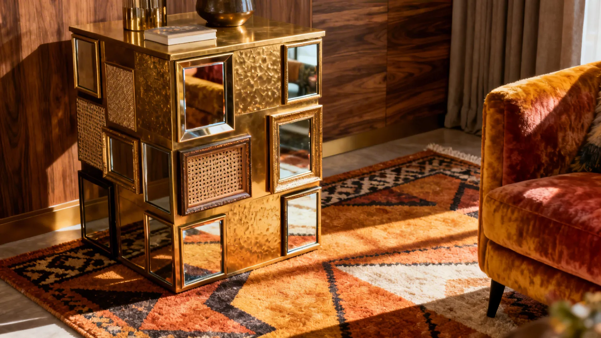 Eclectic corner with an accent side table and a cluster of decorative mirrors in mixed frames.