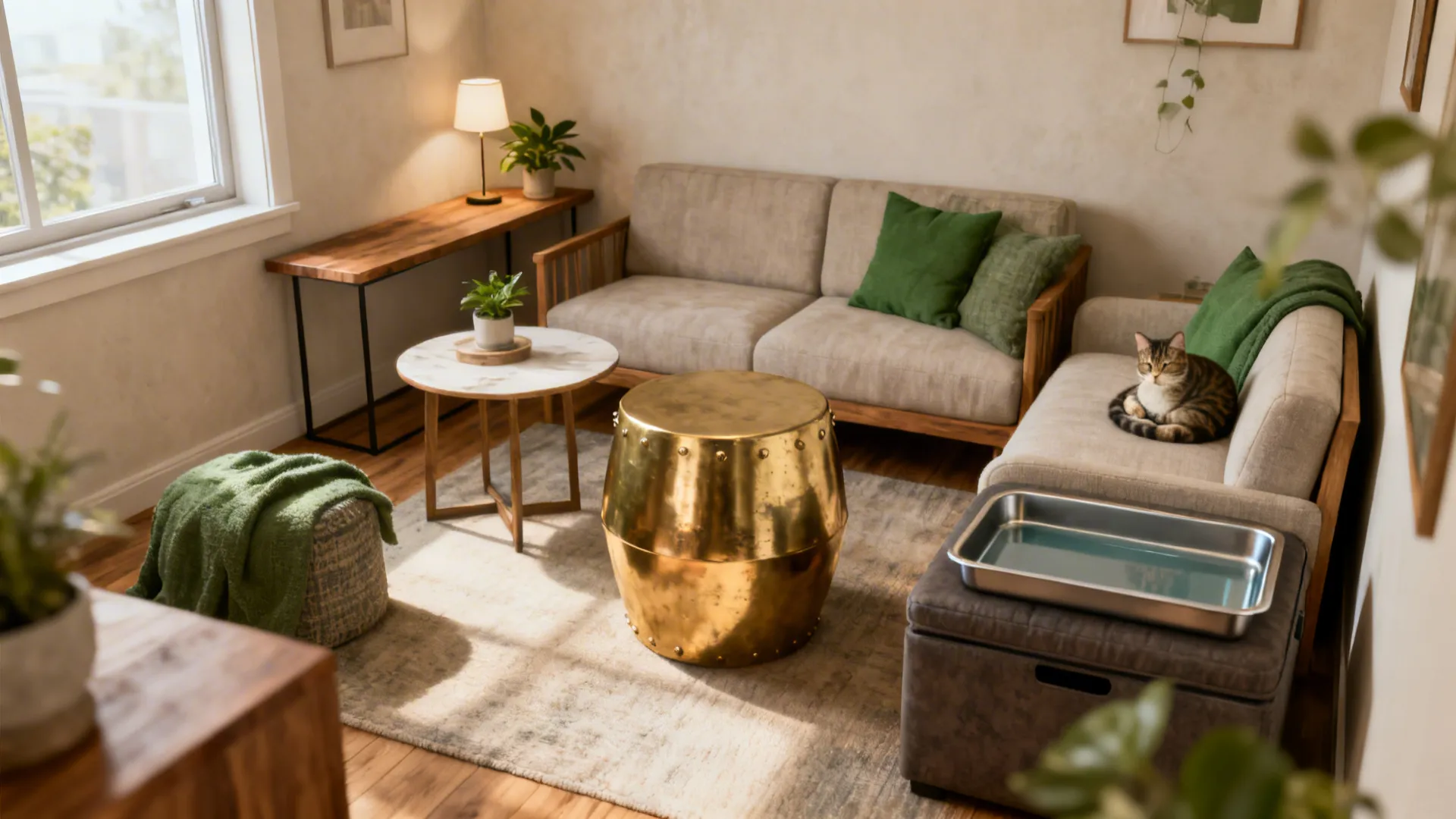Cozy living room featuring grey sofa green pillows marble side table and gold metal footrest