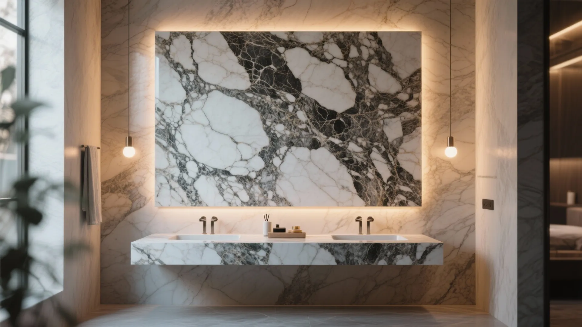 Modern bathroom featuring a large marble wall panel behind two sinks with warm glowing lights