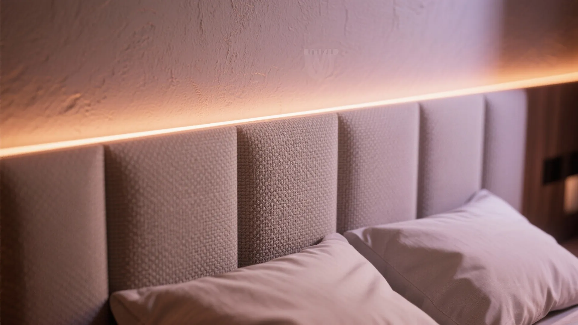 Close-up of textured accent wall with fabric acoustic panels and subtle neon accent lighting.