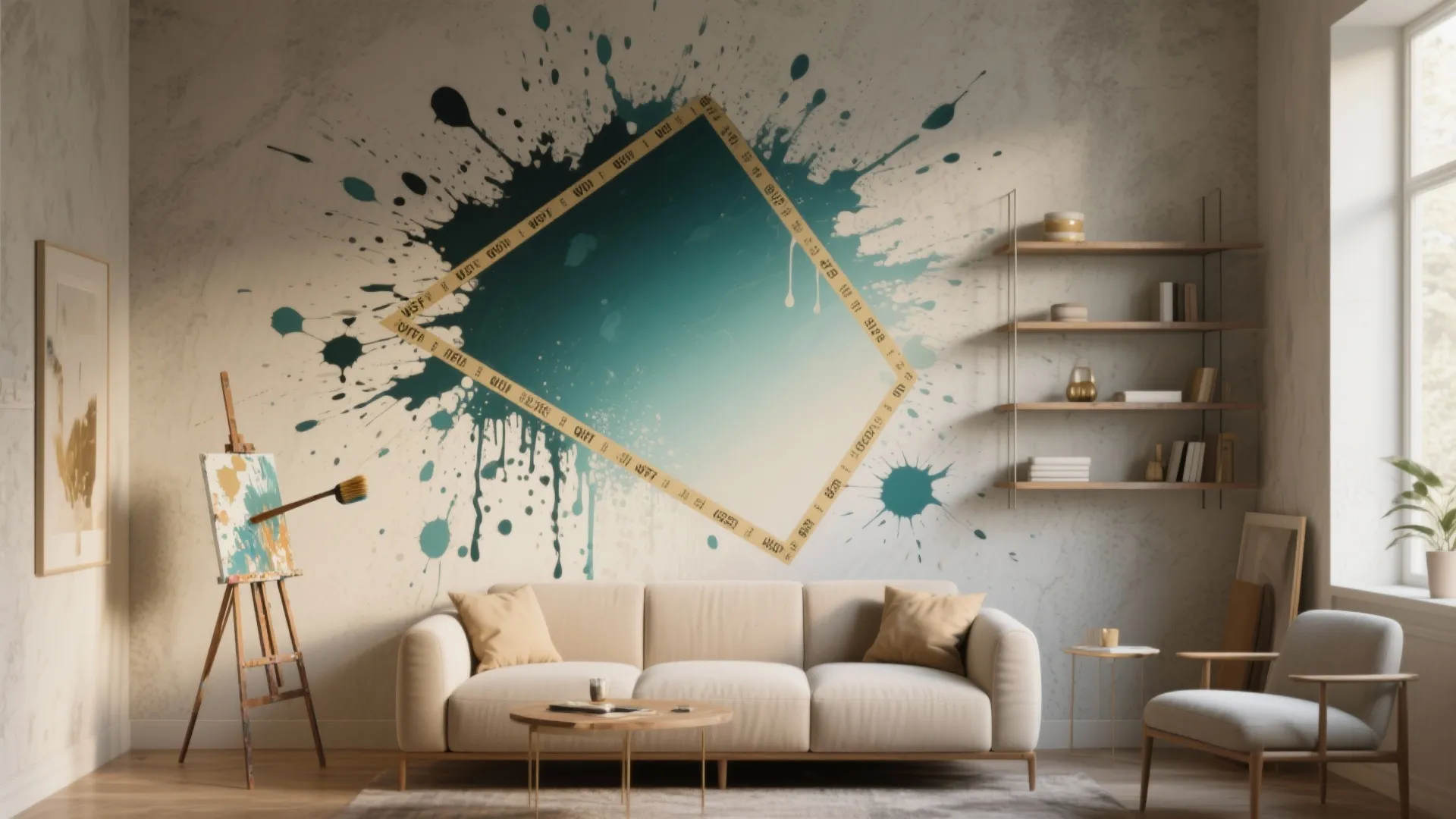 Living room with beige sofa and easel featuring a large blue paint splatter wall art