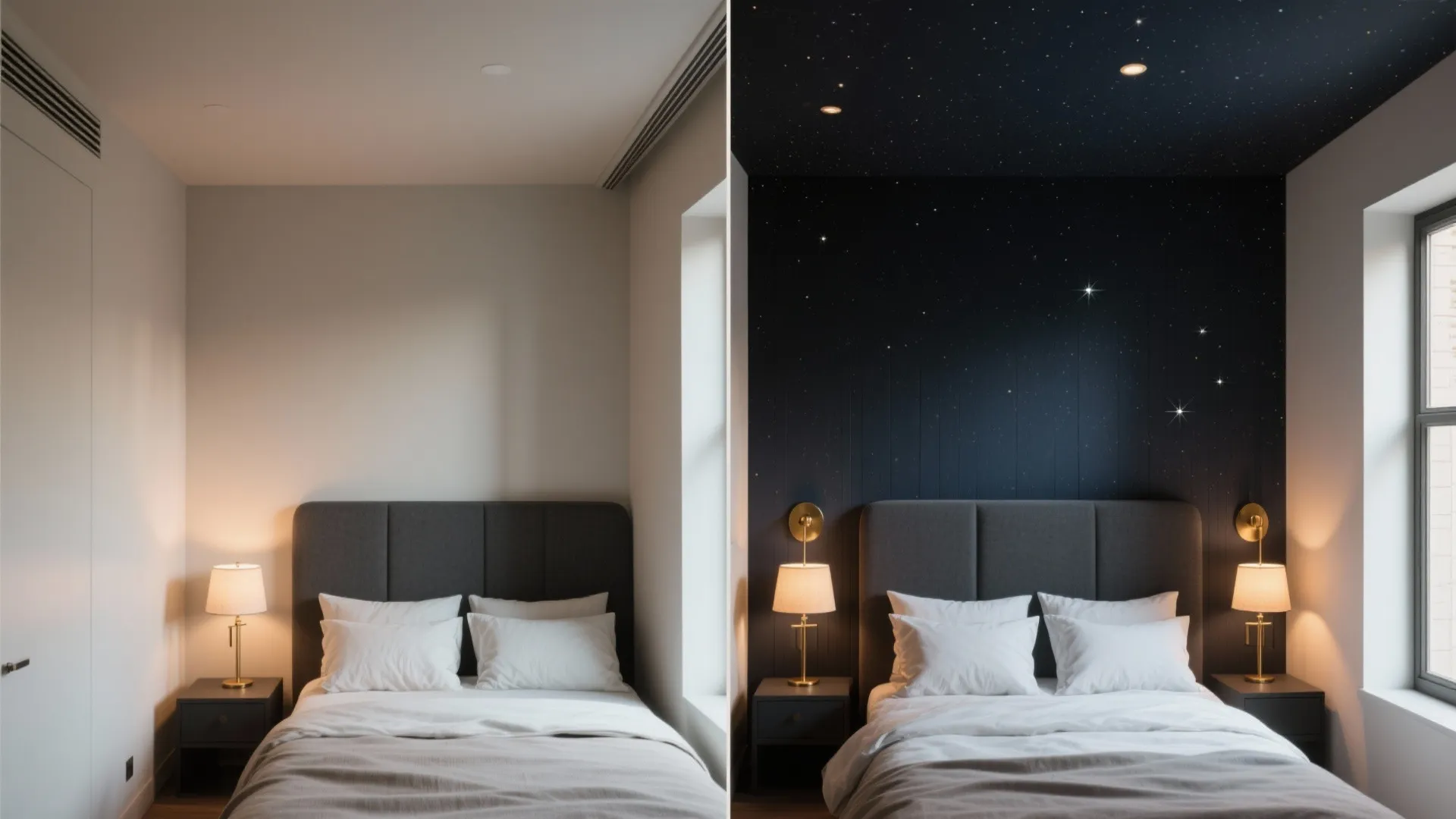 Before and after comparison of a bedroom showing plain walls versus a starry night ceiling