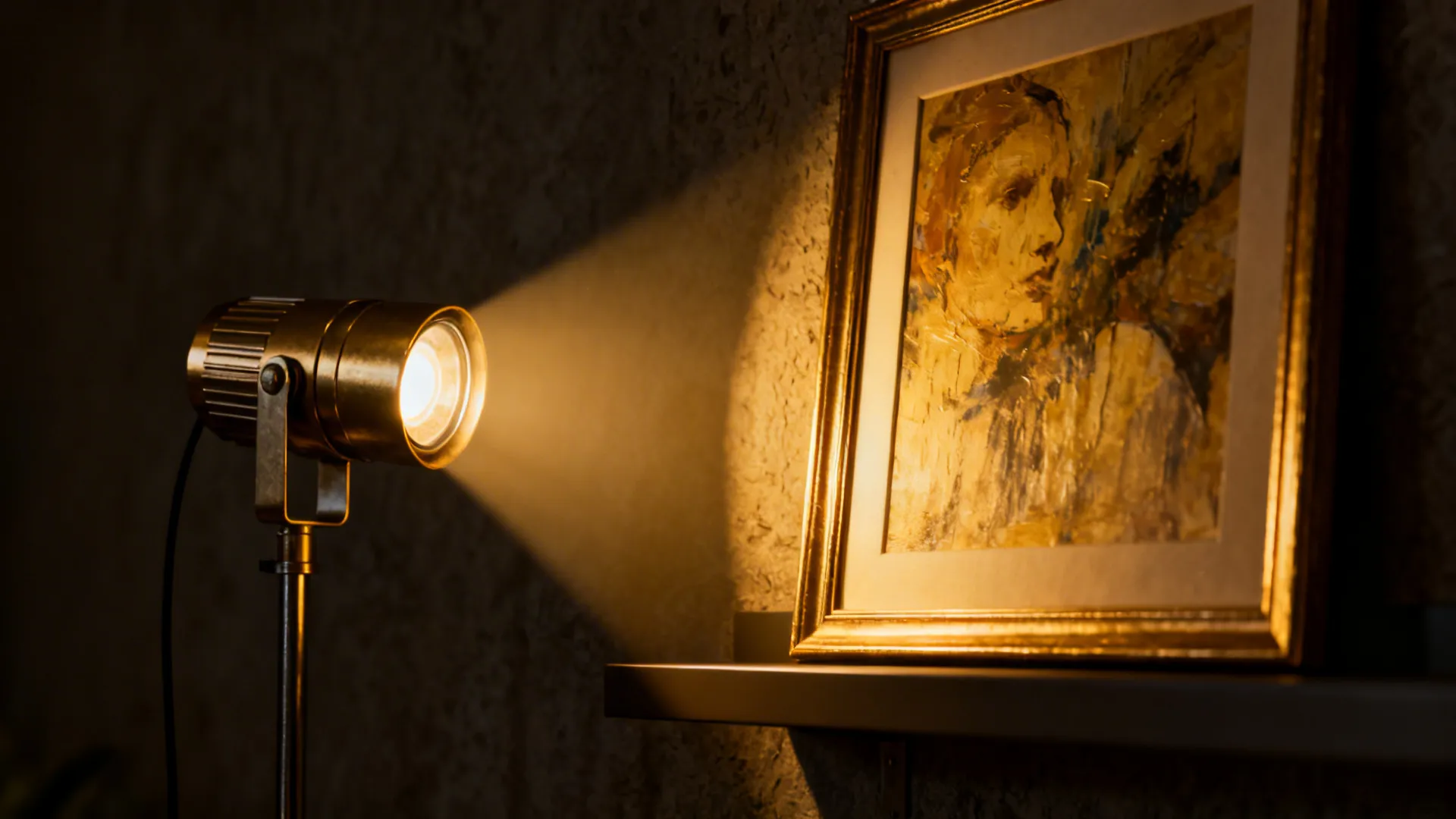 Close-up of a low-wattage accent spotlight highlighting framed artwork with visible beam and texture.