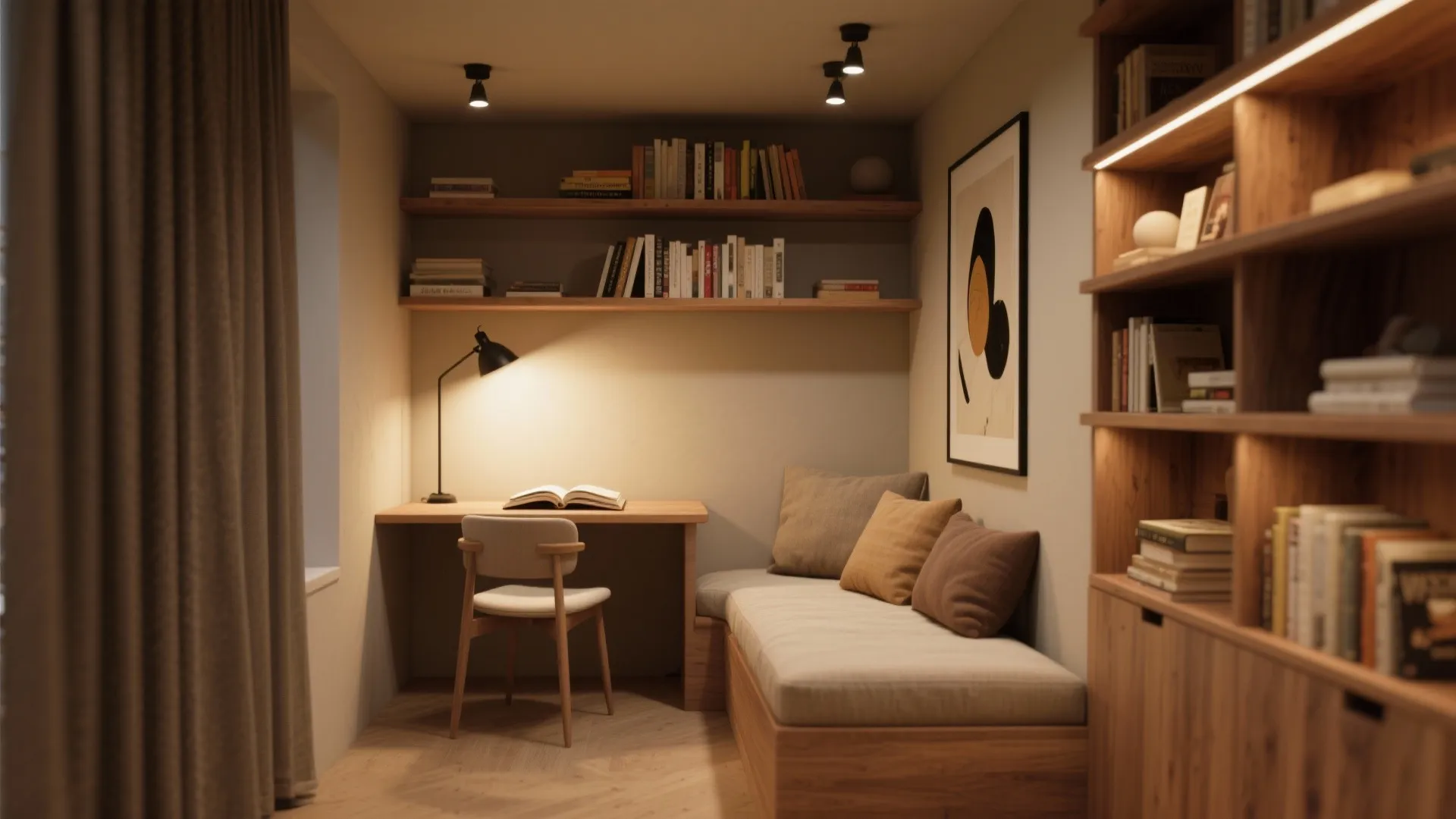 Small reading nook lit by adjustable spotlights