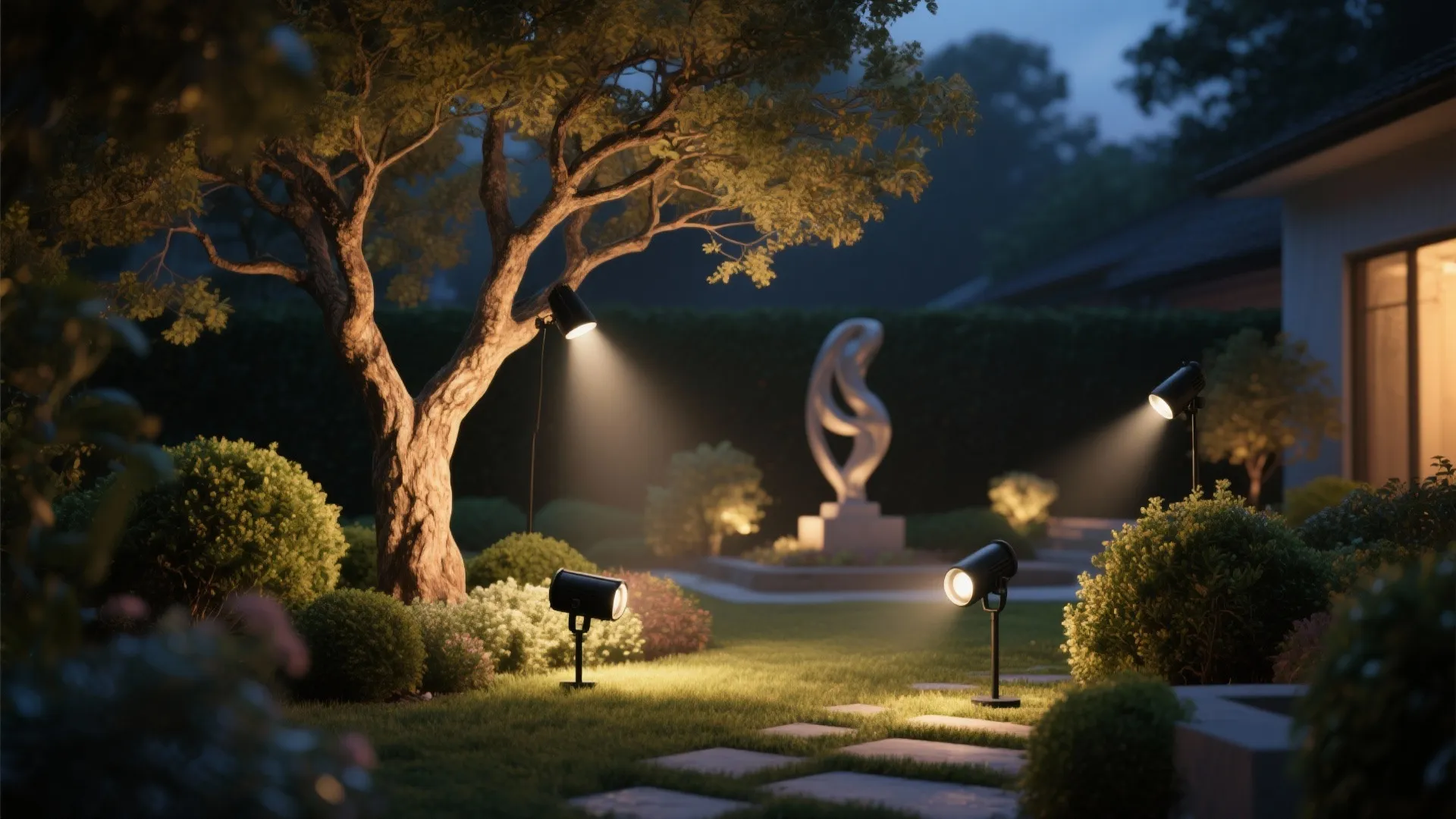 Garden at night lit by small black spotlights highlighting a tree and sculpture with soft, natural-looking glow.