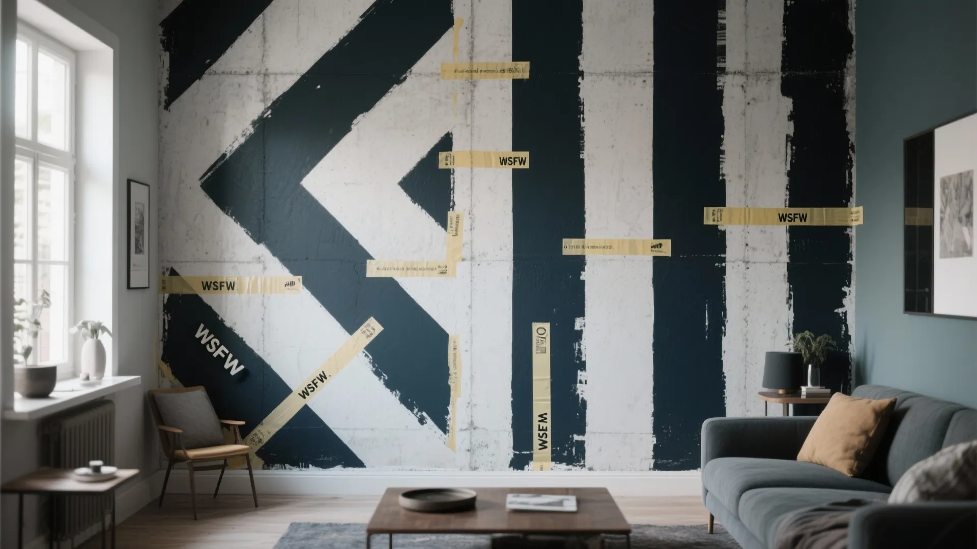 Small living room with a large-scale geometric stencil accent wall and vertical stripes to visually enlarge the space.