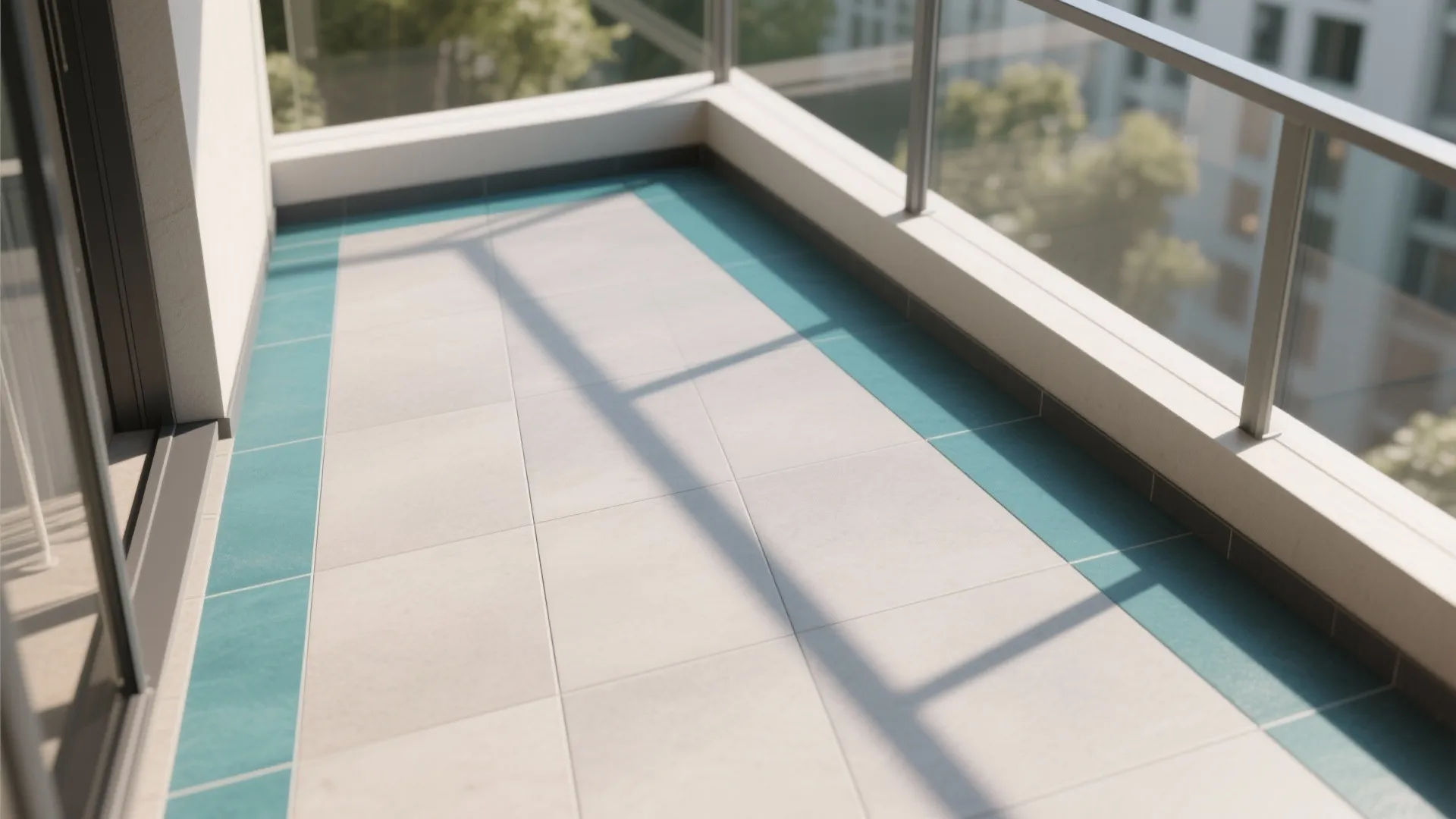 Close up of balcony floor with white square tiles and a blue decorative border pattern
