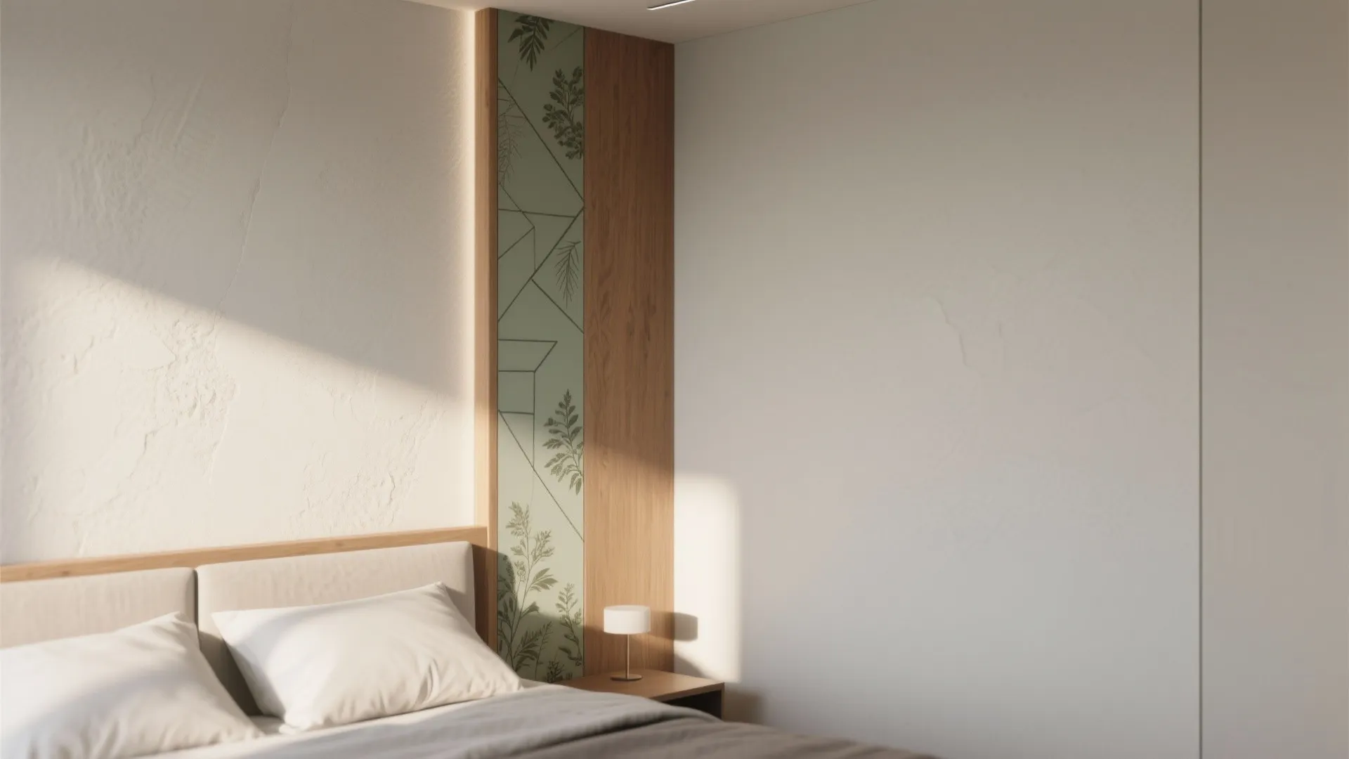Modern bedroom corner with a narrow painted accent strip featuring botanical and geometric motifs framing the bed.