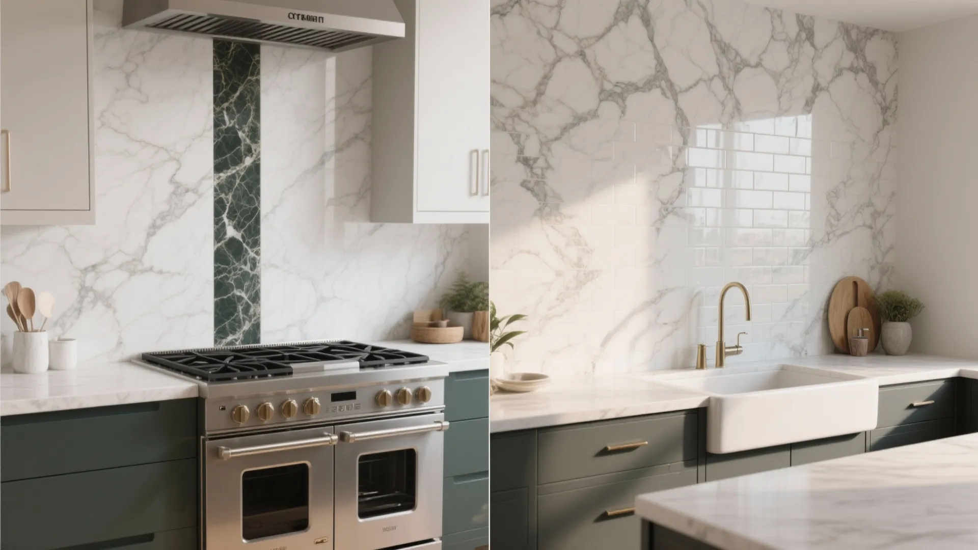 Side-by-side comparison of a vertical marble accent strip behind a range and a full-wall marble backsplash in the same kitchen.