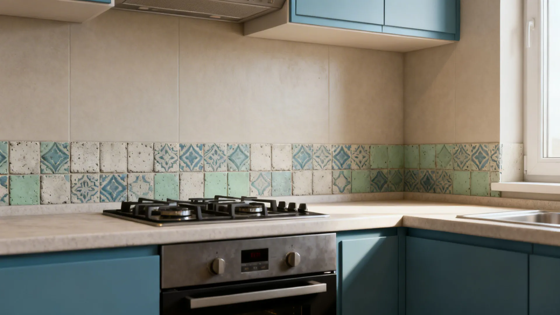 Blue kitchen cabinets featuring gas stove and patterned blue green tile accent strip on wall
