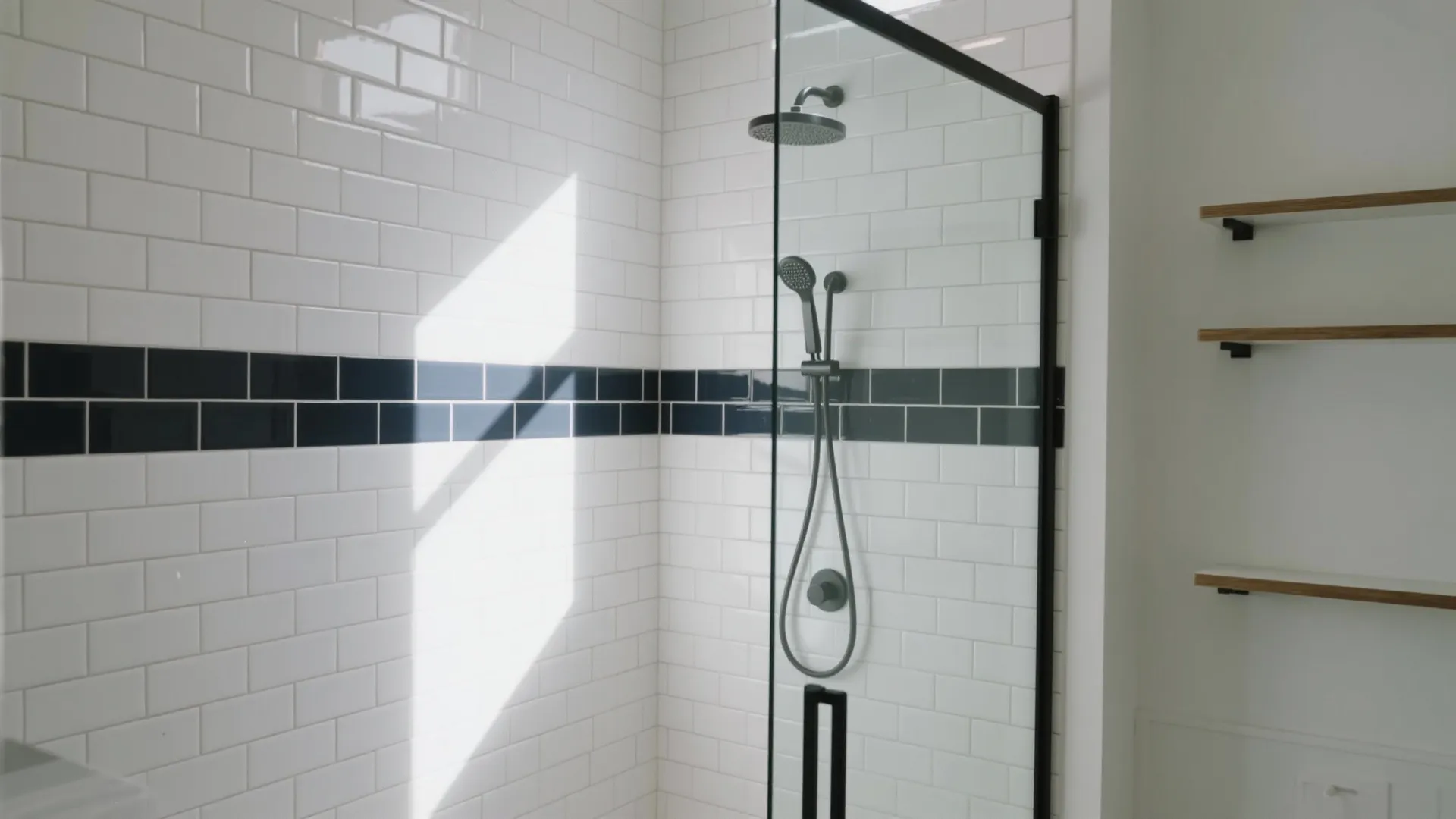 Modern bathroom shower area with white subway tiles, black accent stripe, and black shower head