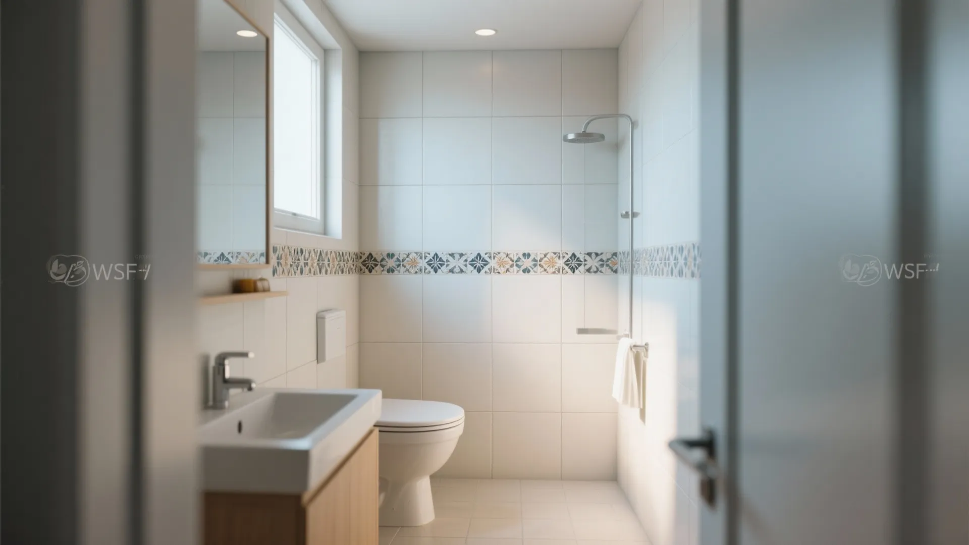 Bathroom interior with decorative tile pattern strip white toilet wood cabinet and silver shower head