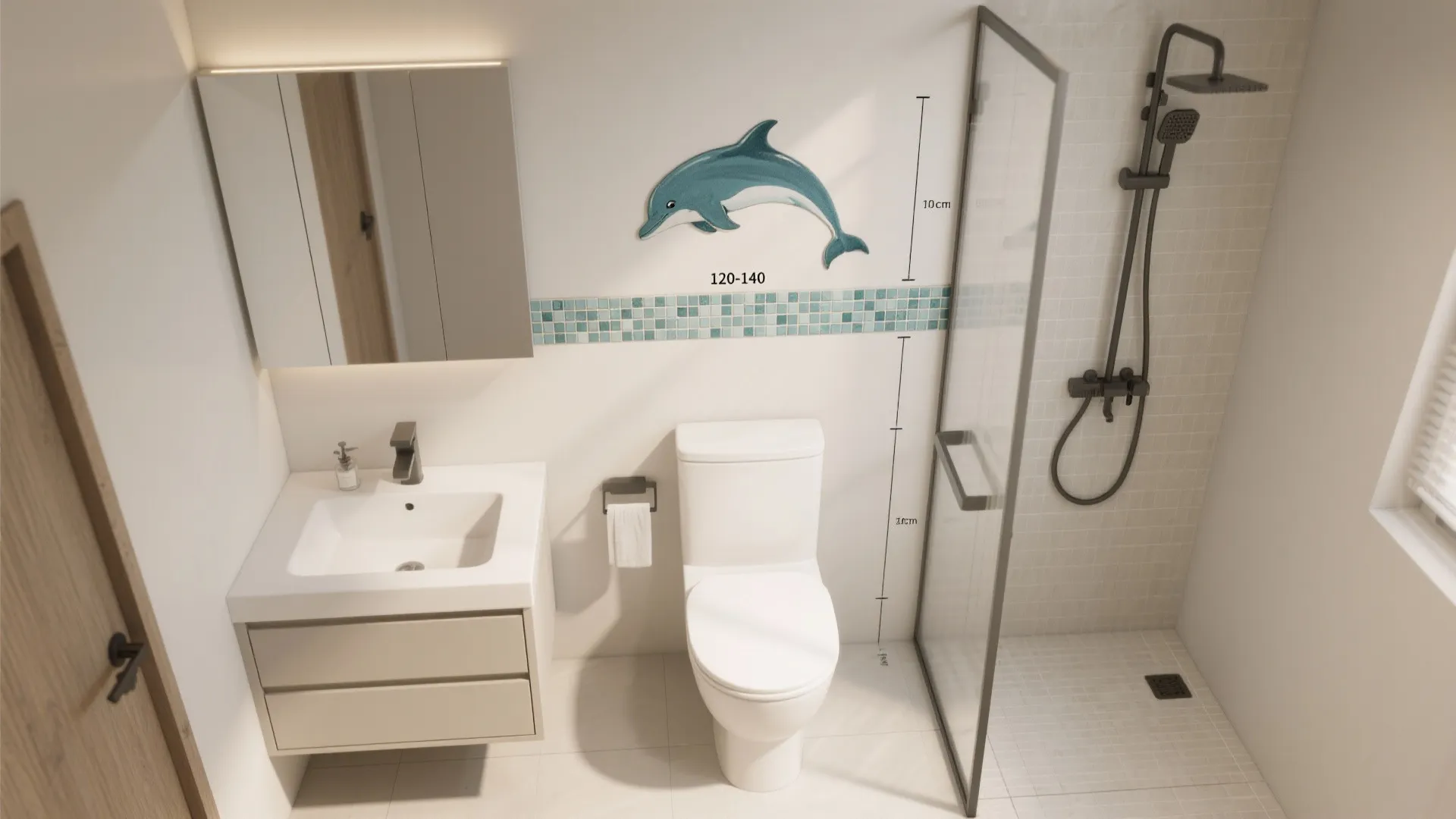 Interior design drawing of a small bathroom with shower toilet sink and wall measurement details