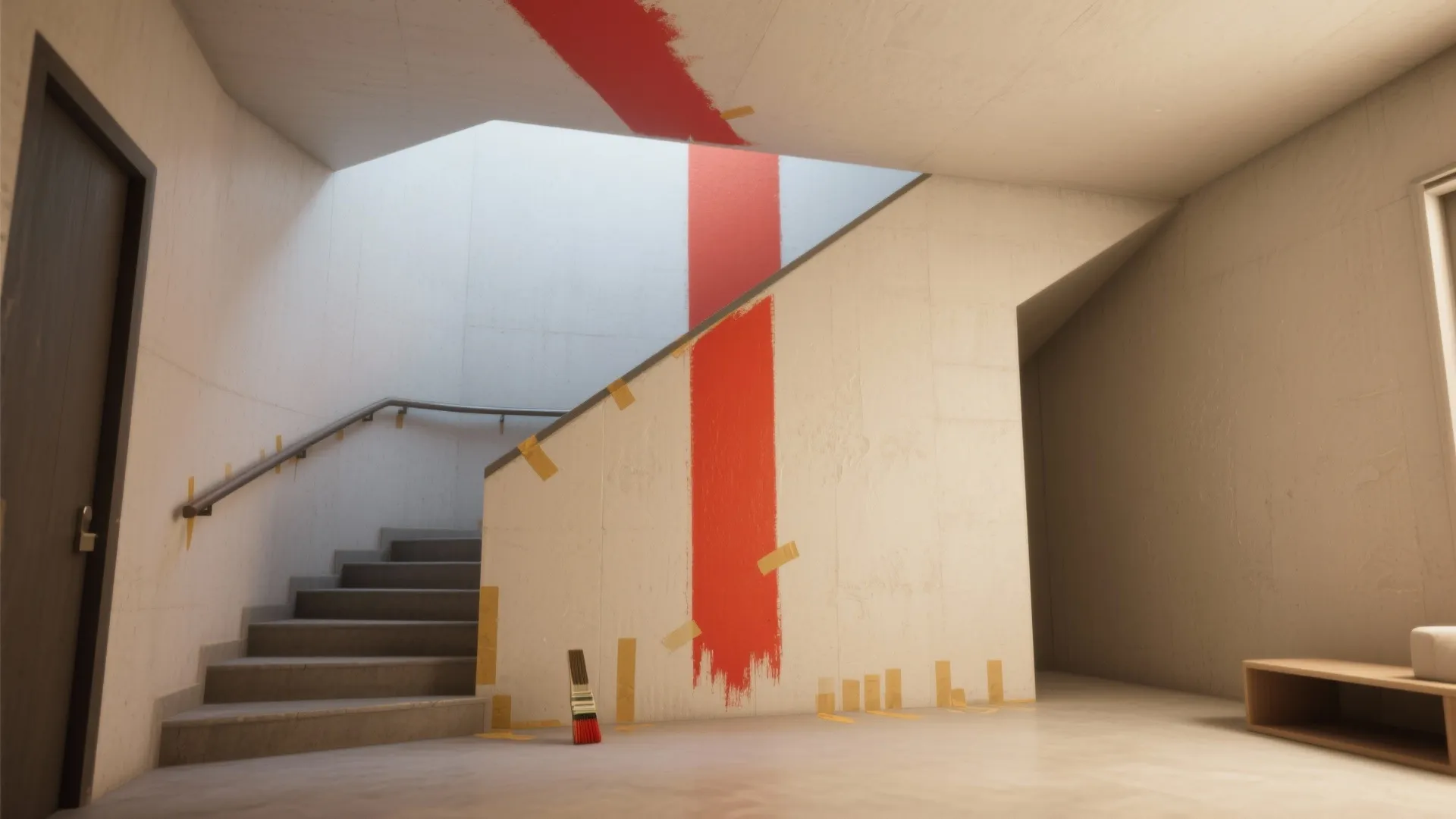 Modern stairwell with a single wide vertical accent stripe beside the handrail and clean masked edges