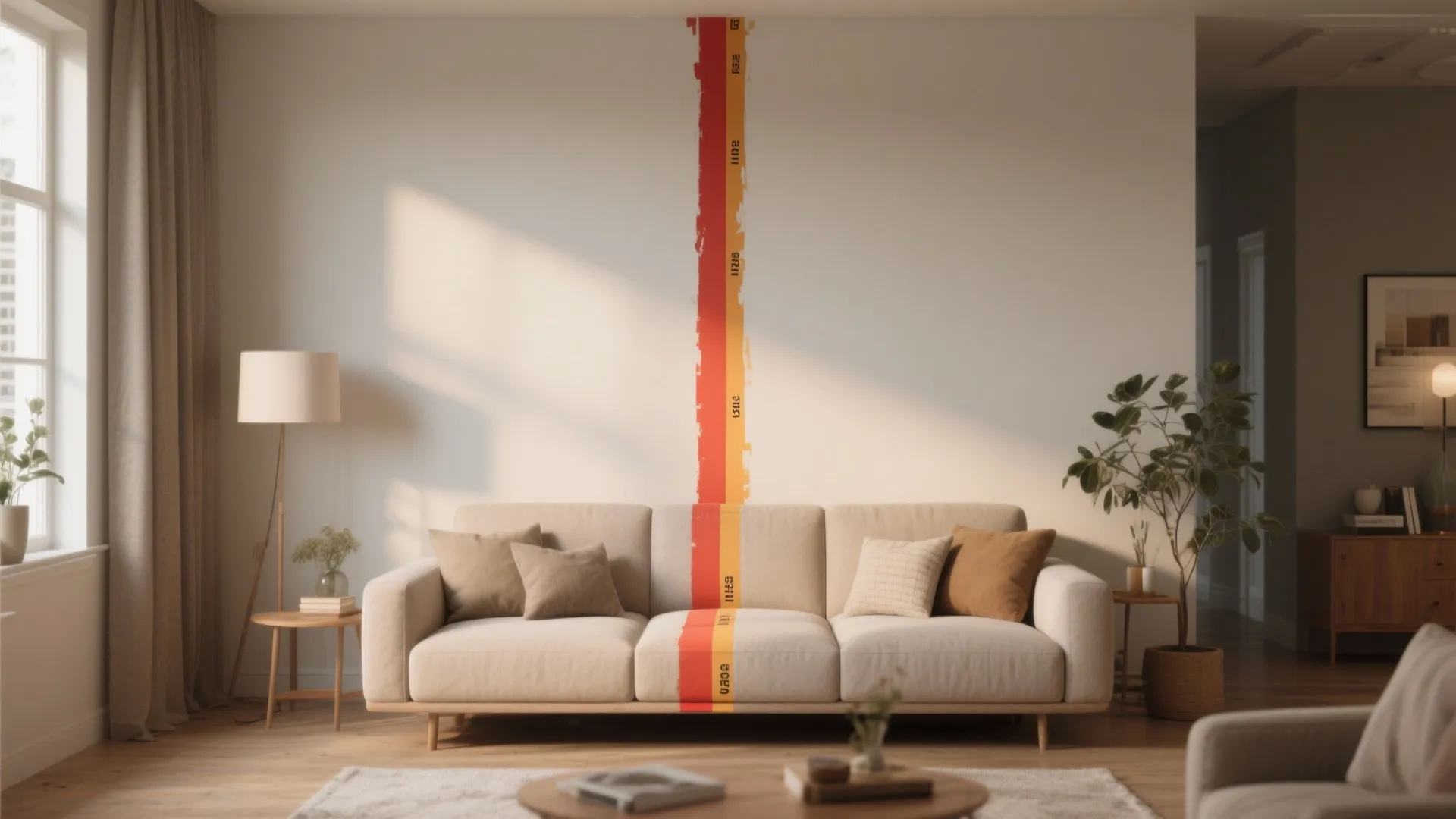 Living room with a narrow accent stripe behind the sofa, showing precise masking and alignment.