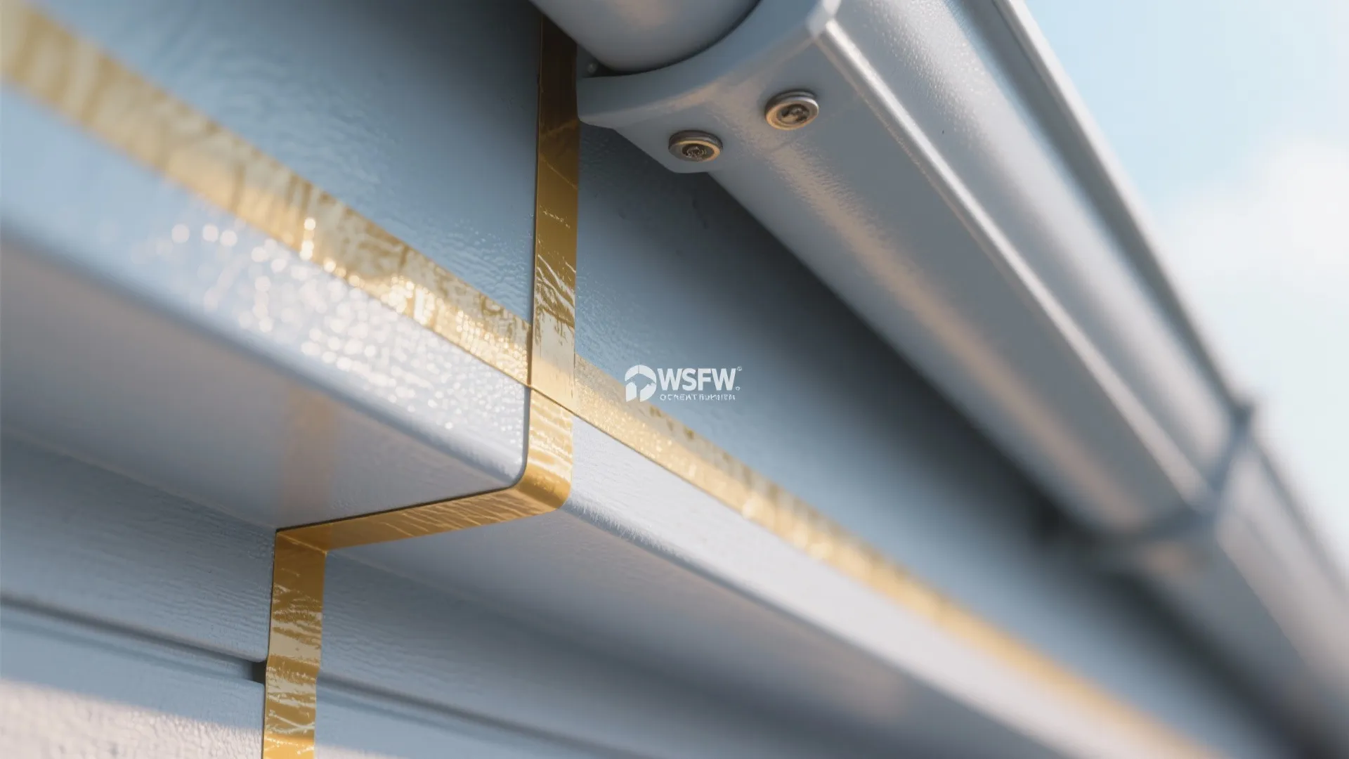 Close up of gold metal stripe detail on a light blue wall panel for interior decoration