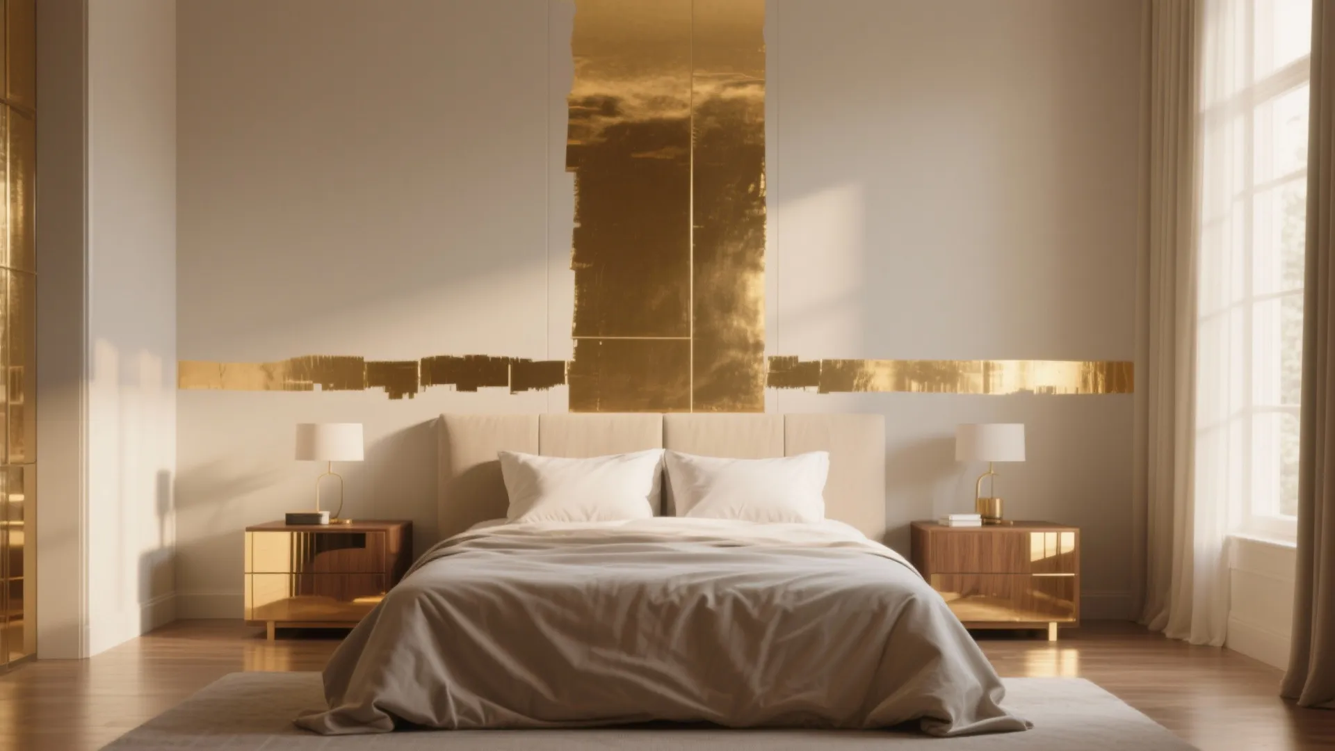 Modern bedroom with golden wall panel decor wooden nightstands white bedding and large bright window