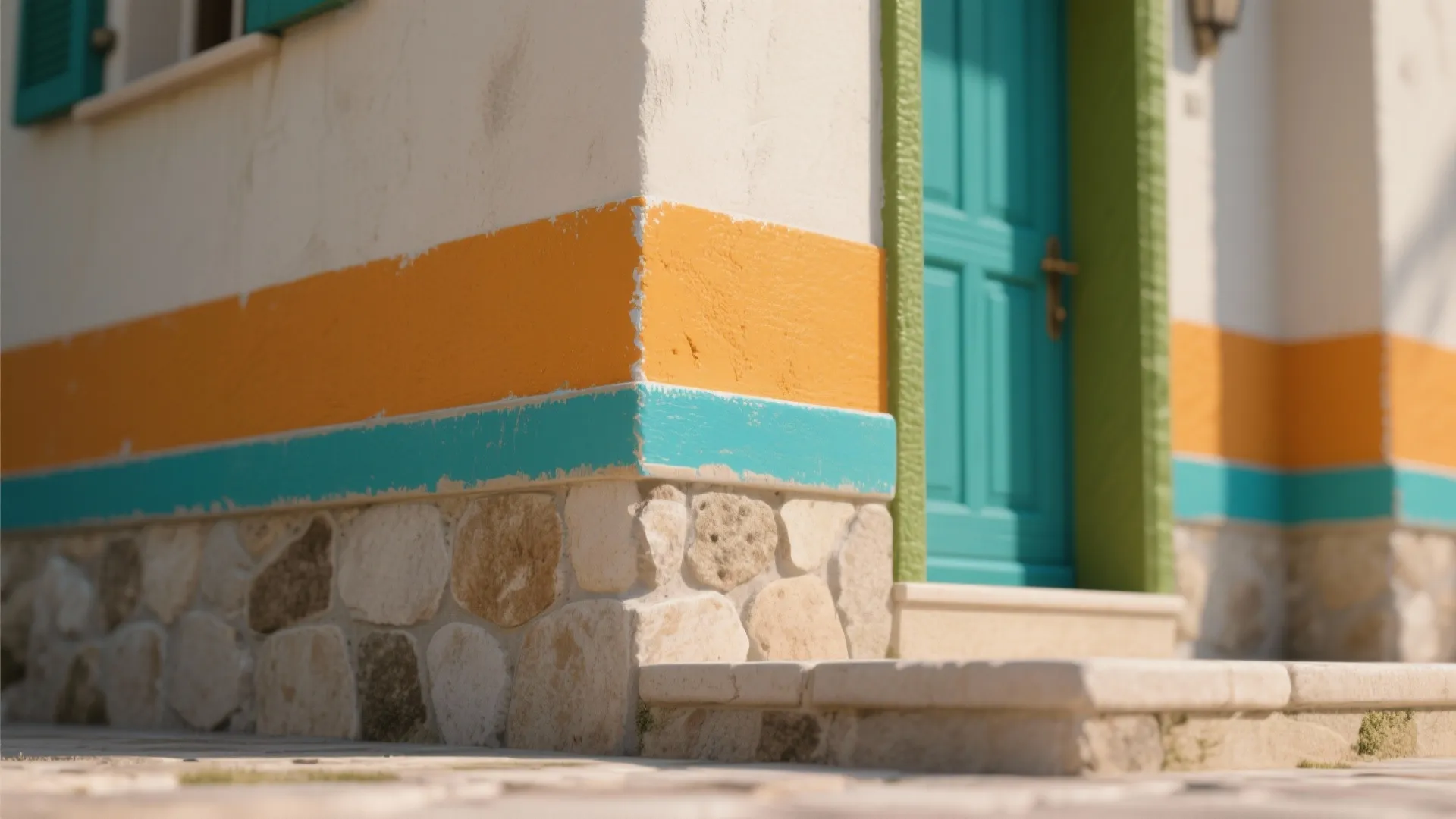 Exterior wall with orange and blue painted stripes above a natural stone base and door