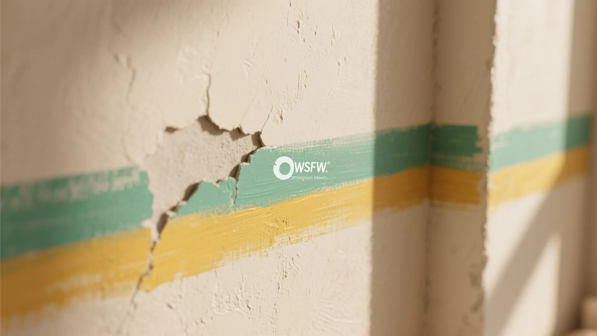 White wall showing large crack next to green and yellow painted accent stripes in sunlight