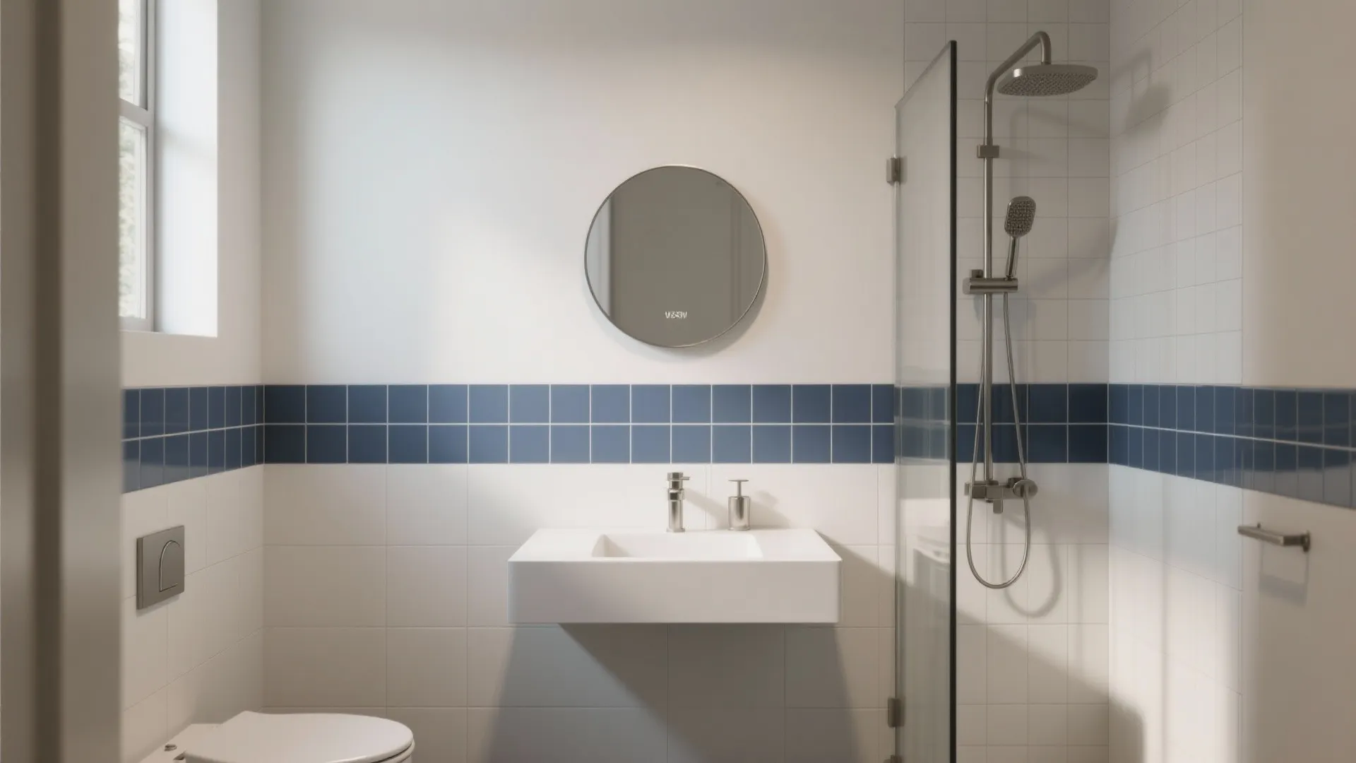 Modern bathroom with white sink, round mirror, blue tile stripe, glass shower, and white toilet