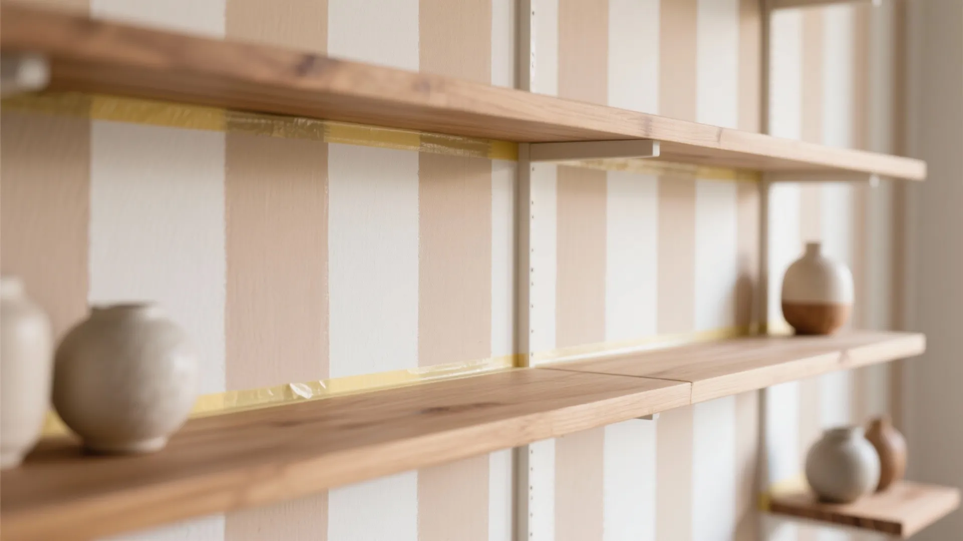 Wooden shelves on wall with beige and white stripes holding several small decorative round vases