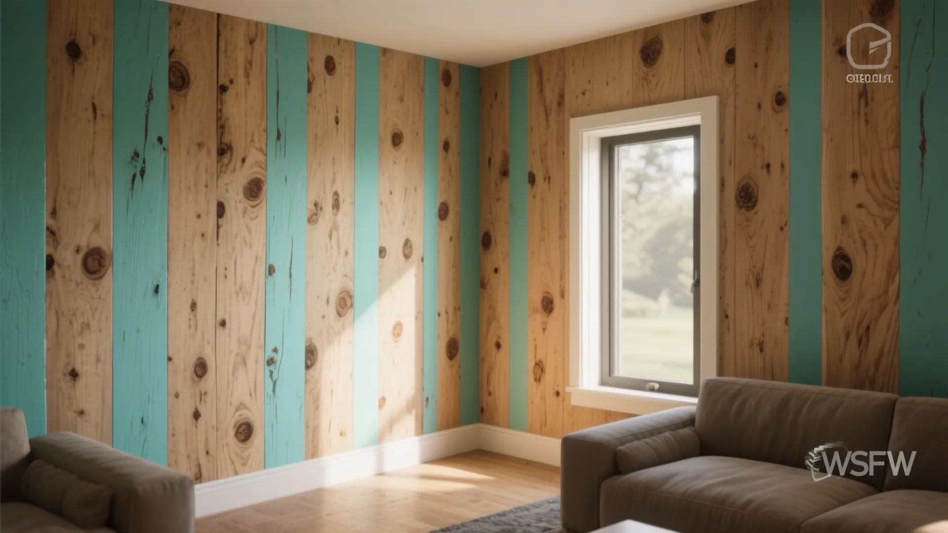 Corner of a room showing painted vertical stripes and an accent-painted corner next to exposed knotty pine panels.