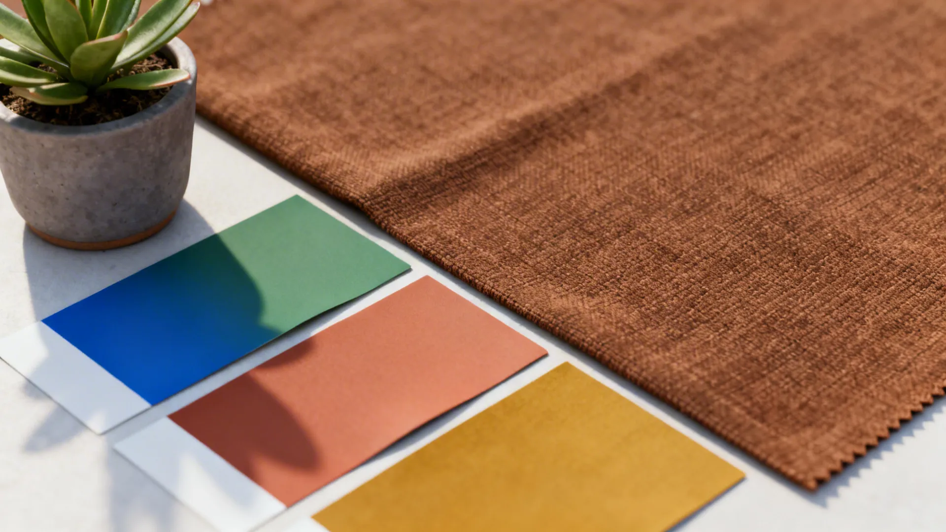 Brown fabric sample and colorful material samples next to small green plant in natural light