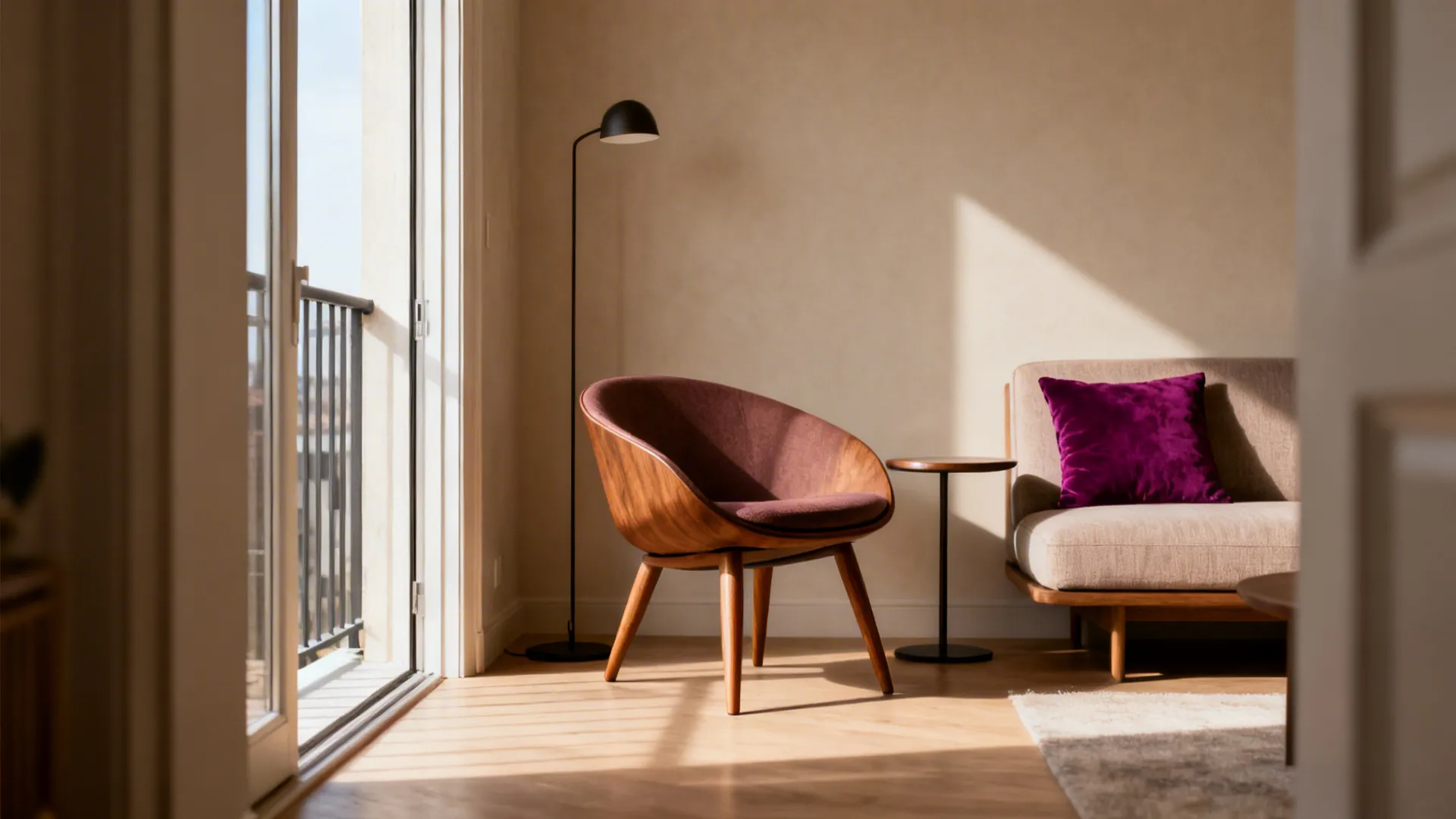 Modern wooden armchair with purple cushion in a sunlit living room near a floor lamp