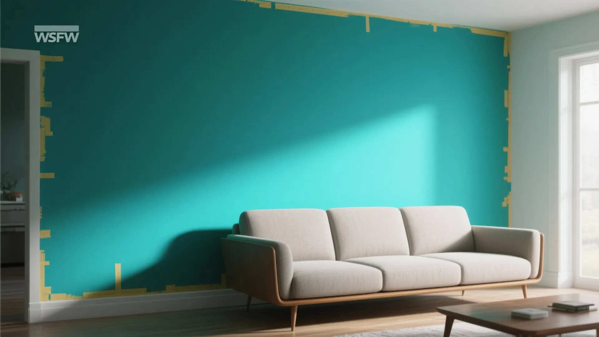 Bright teal accent wall with yellow painting tape behind a modern beige sofa and floor