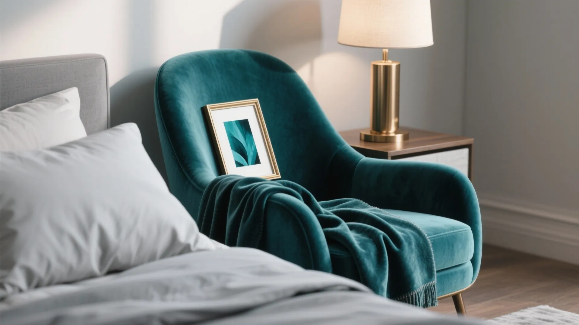 Deep teal accent throw on a grey bed with warm metallic lamp and framed art.