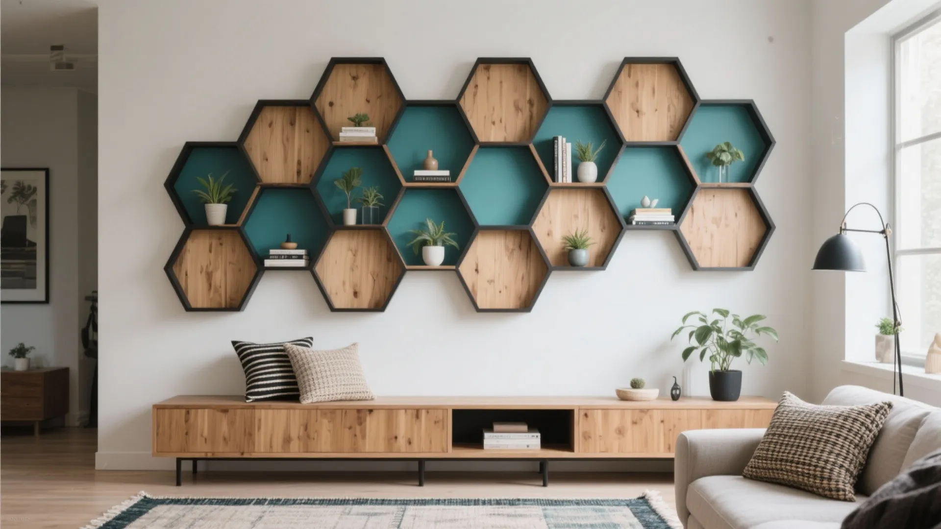 Accent-Color Hex Shelves as Wall Art