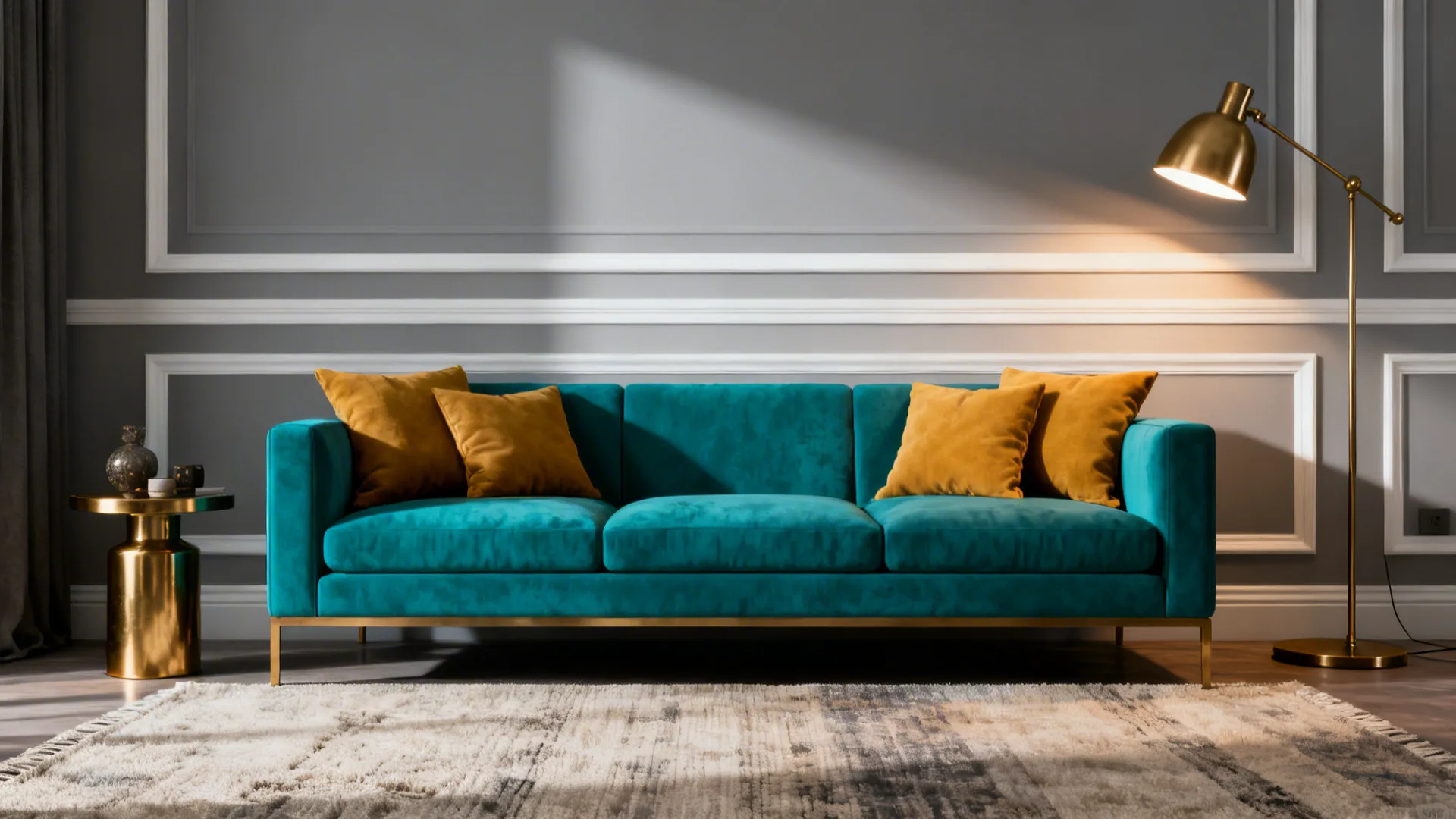 Grey living room with teal sofa and mustard cushions as accent colors