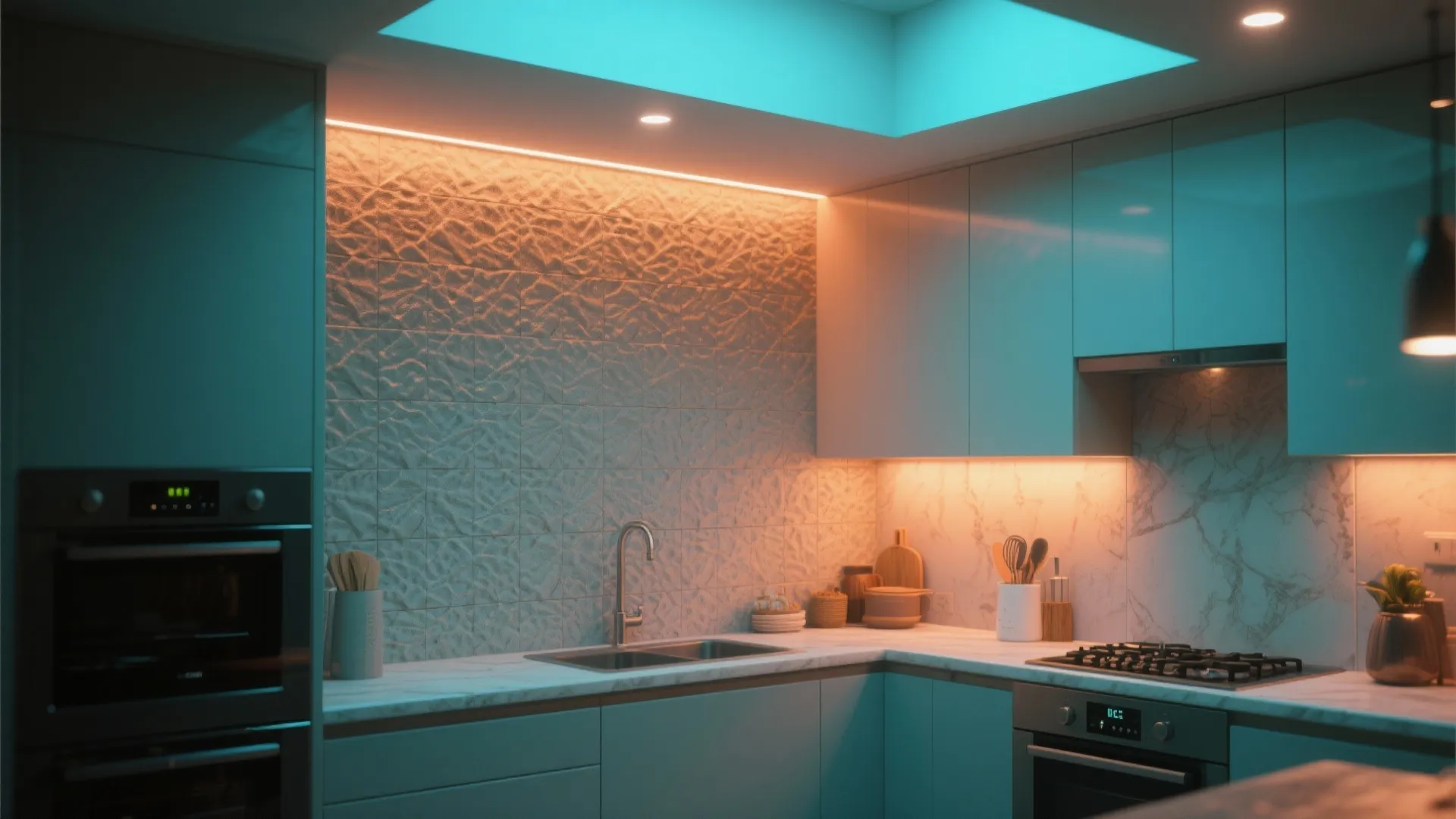 Modern kitchen with blue ceiling light orange under cabinet lighting white marble counters and oven
