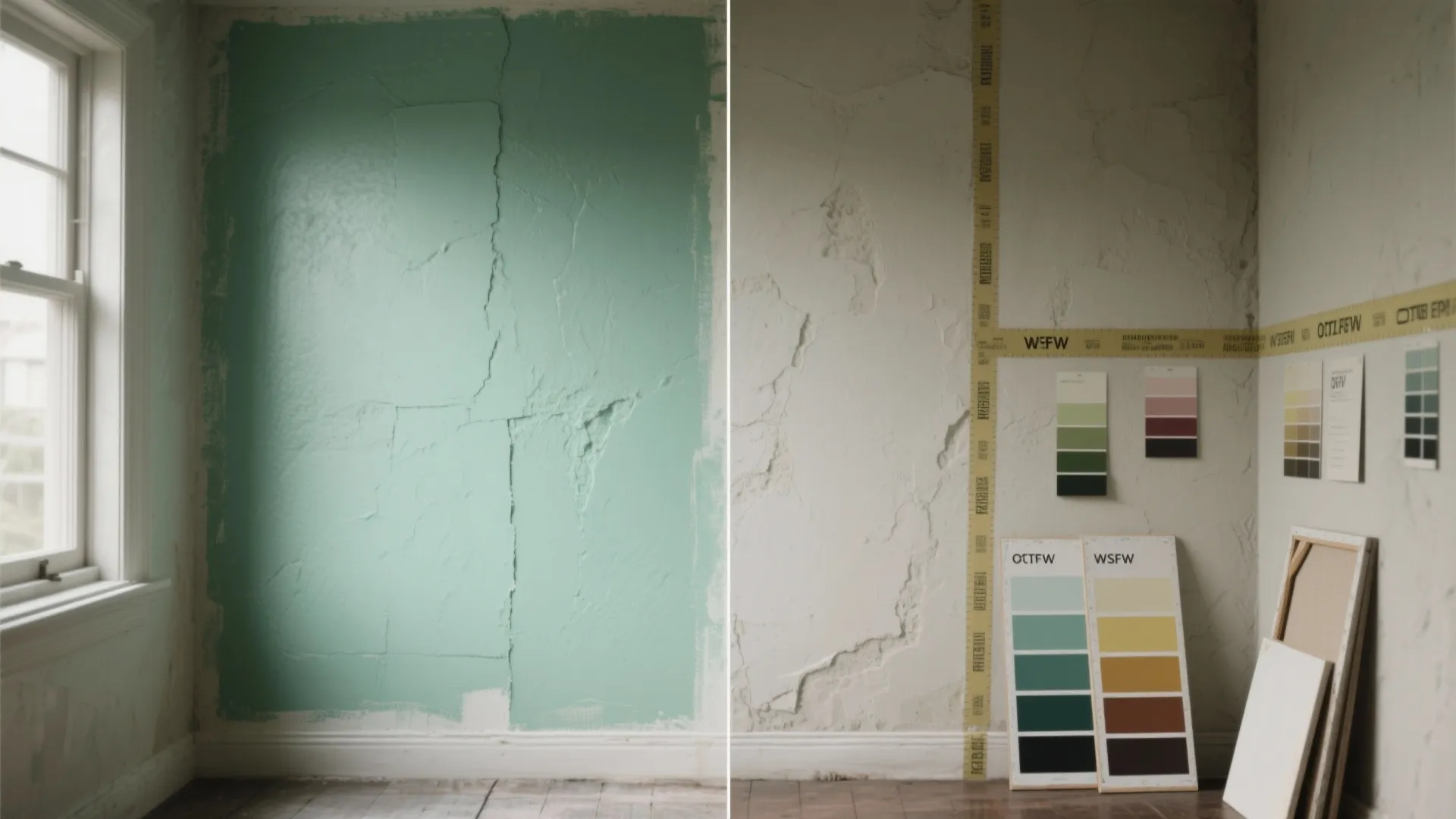 Side by side comparison of a green painted wall versus a white wall with samples