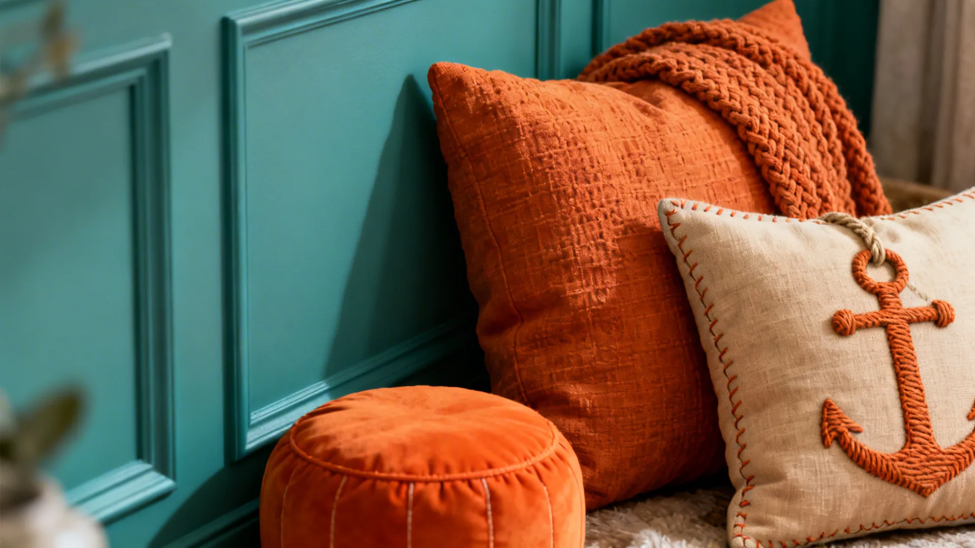 1. Teal Accent Wall with Muted Orange Textiles