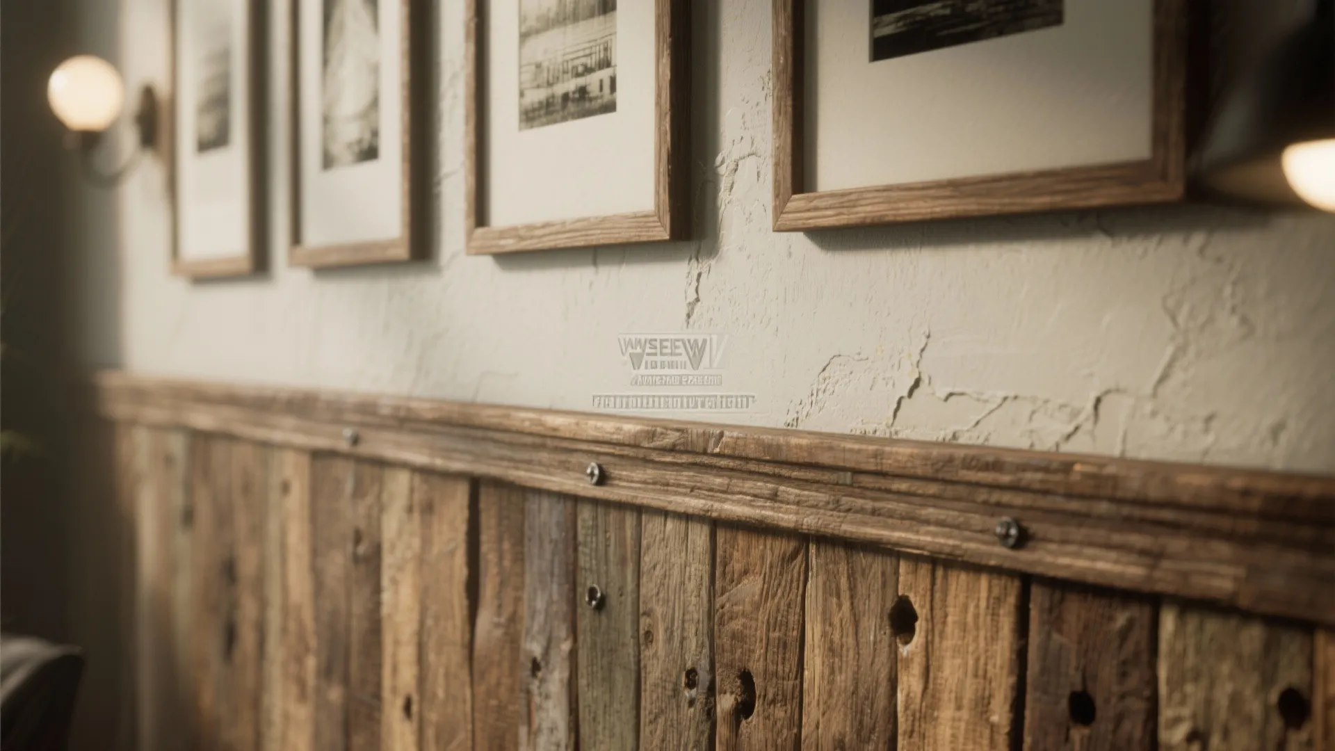 Close up of rustic wood wall panel with framed pictures and a small round wall light