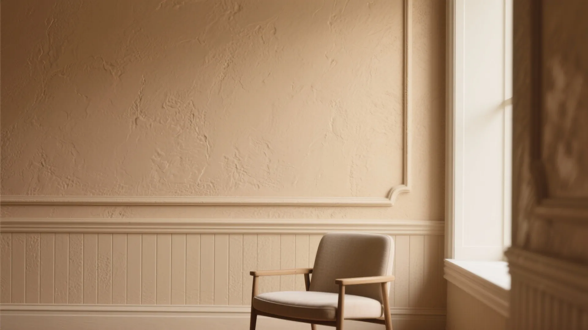 Beige textured wall with wall panel molding near a modern chair and a bright window