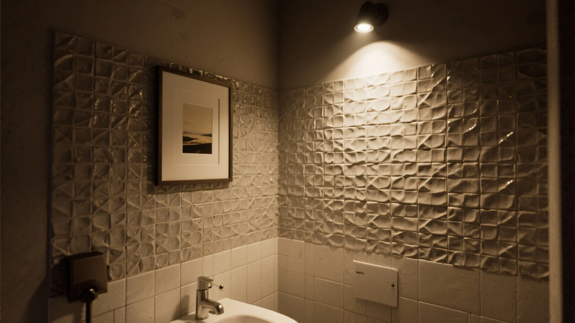 Modern bathroom corner with textured wall tiles framed wall art and a small black wall light
