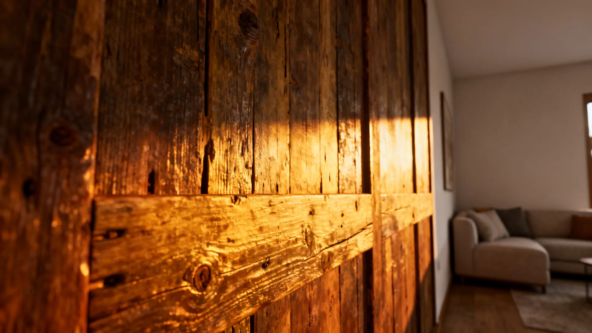 Reclaimed wood wall highlighted by warm low-angle directional lighting showing deep grain.