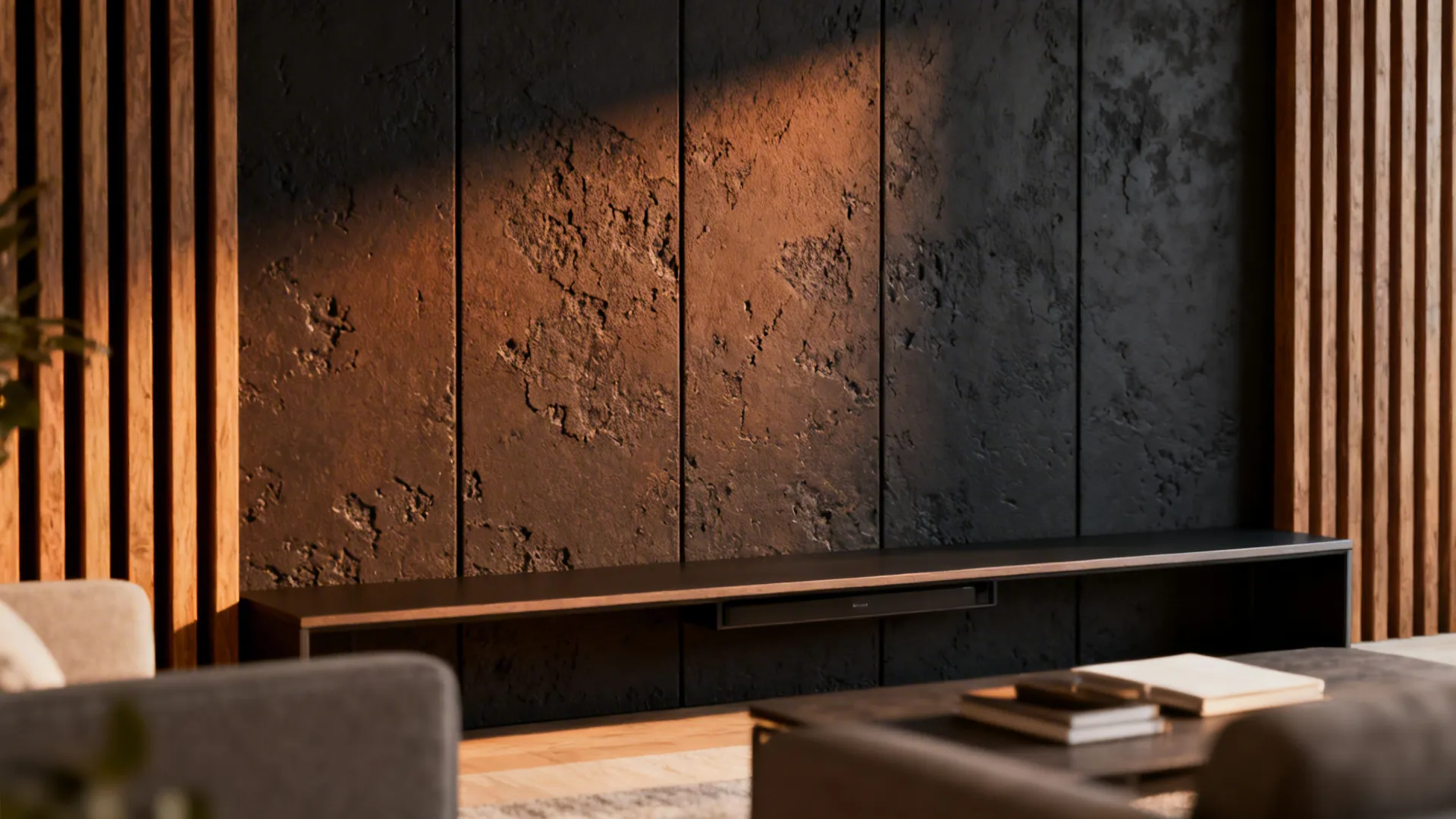 Charcoal textured accent wall behind a slim media console showing plaster and wood slat detail