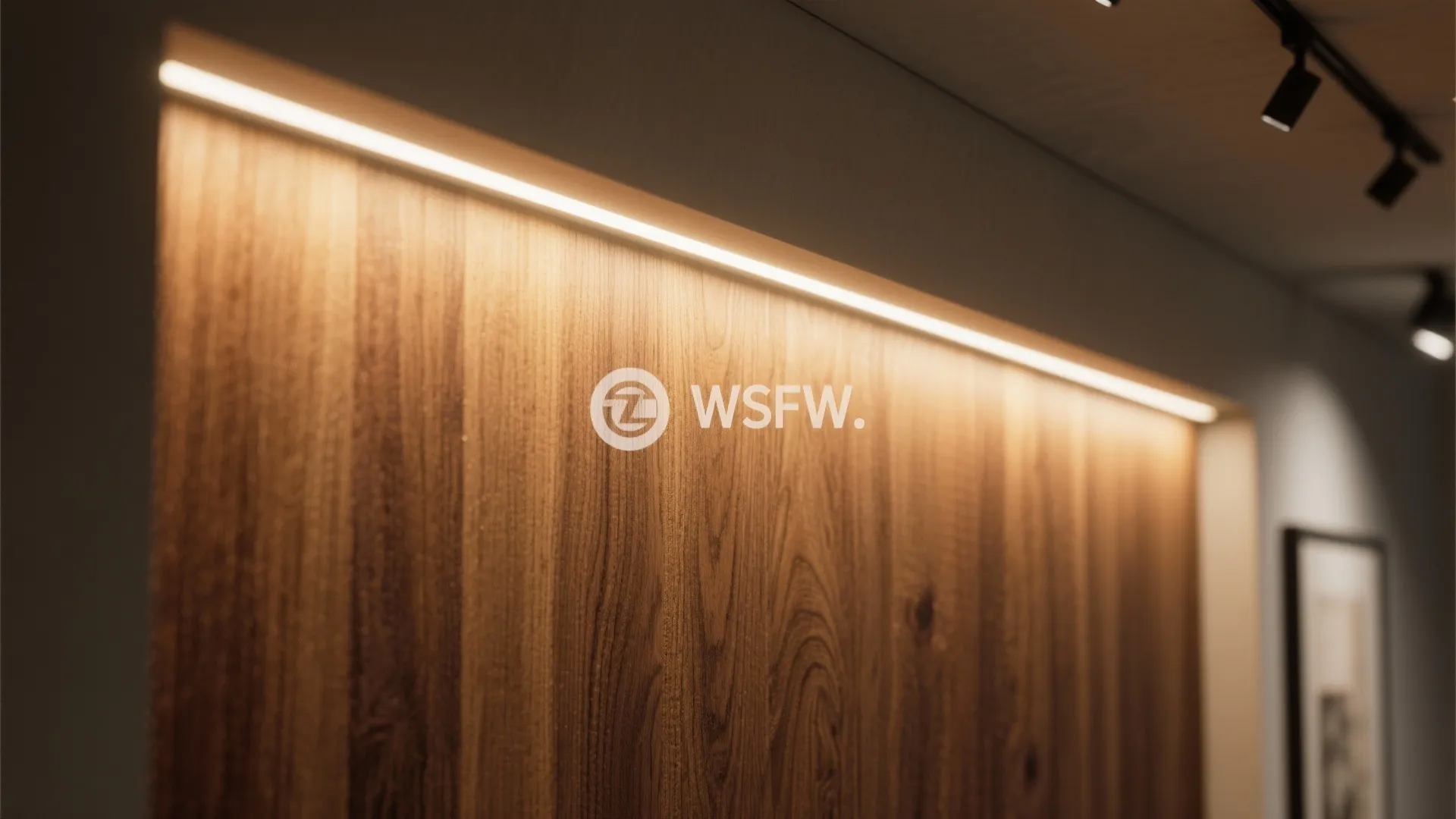 Warm light strip installed on a dark wood wall panel below a ceiling light fixture