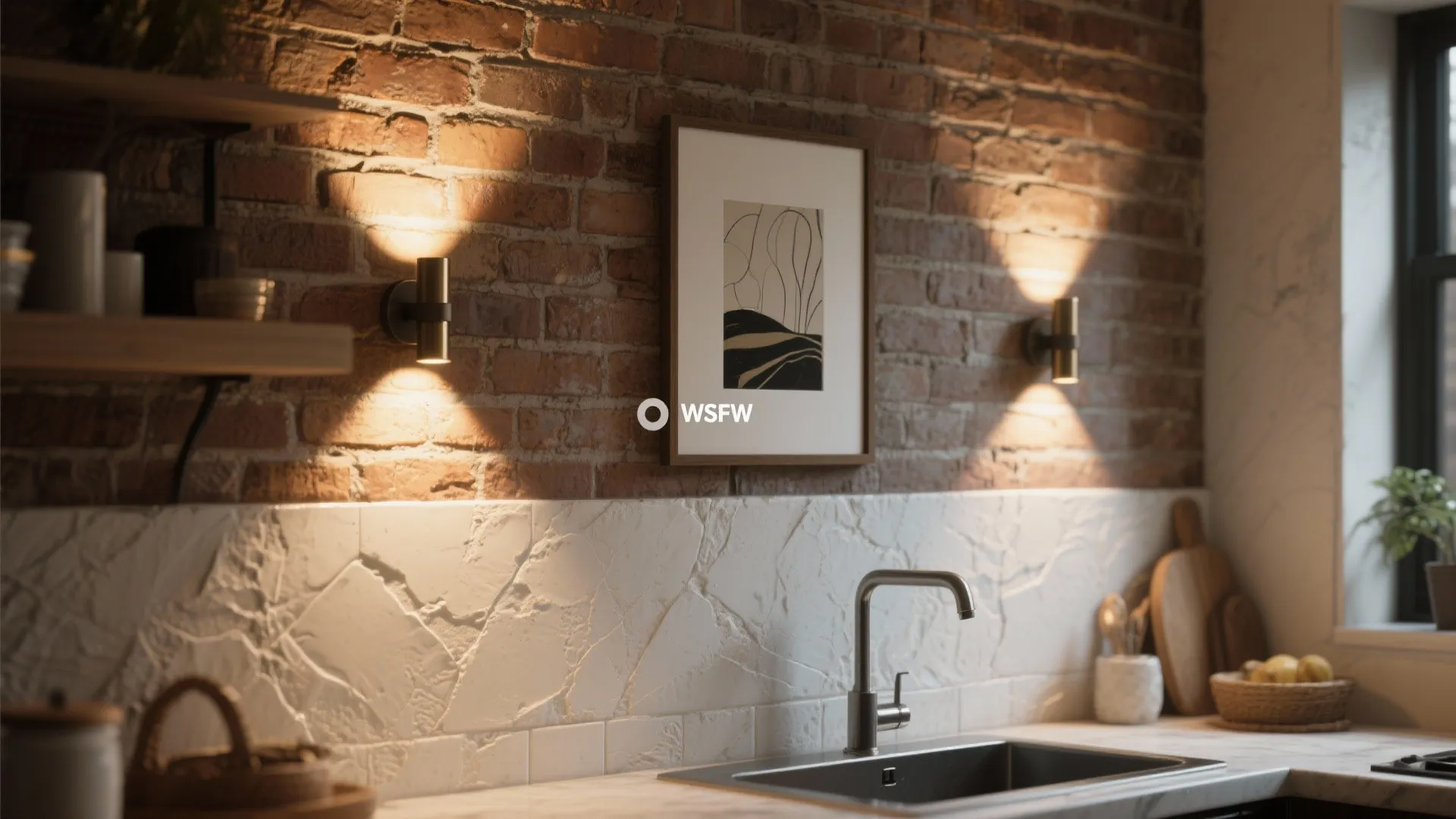 Kitchen sink area featuring brick wall with two wall lights and a framed art piece