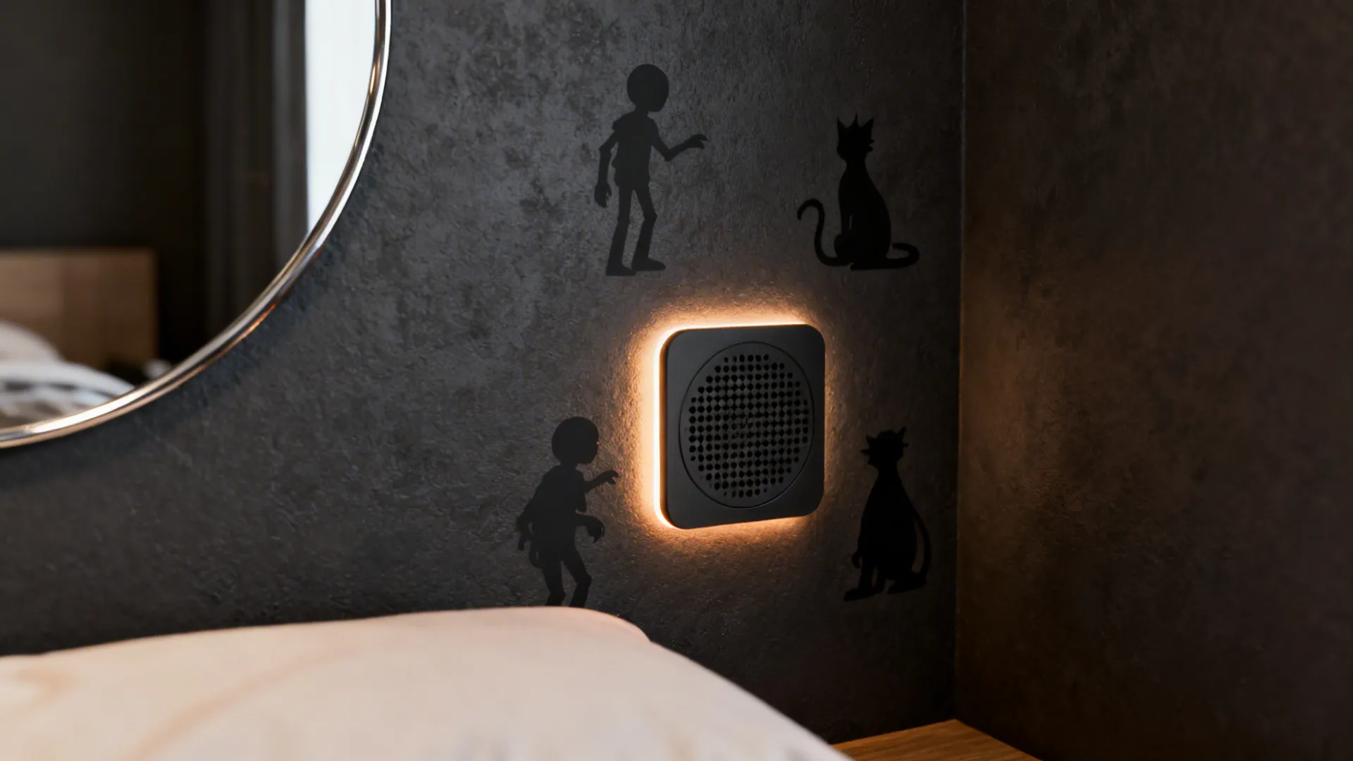 Charcoal accent wall with animatronic vinyl decals and warm LED backlight behind a faux speaker grille.