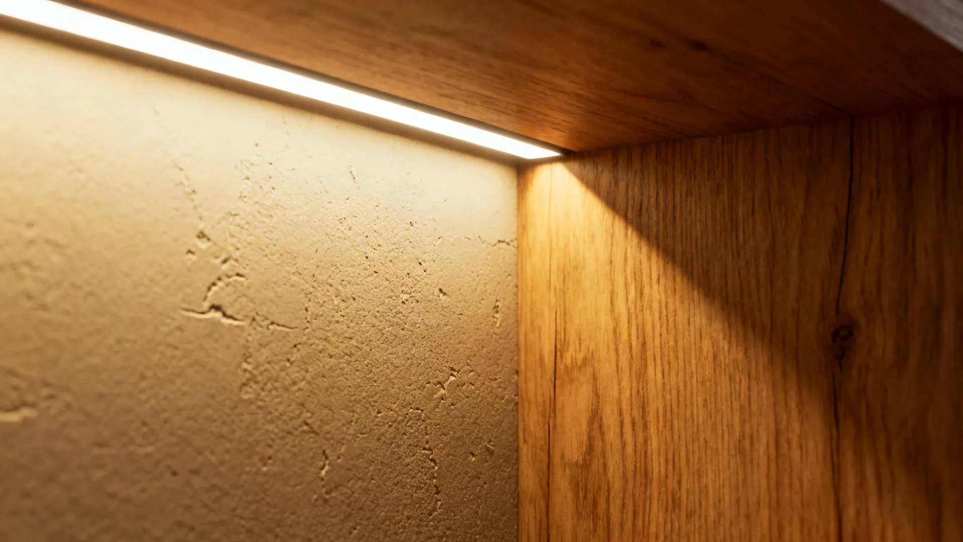 Warm yellow light strip hidden under wooden shelf showing textured wall and natural wood grain details