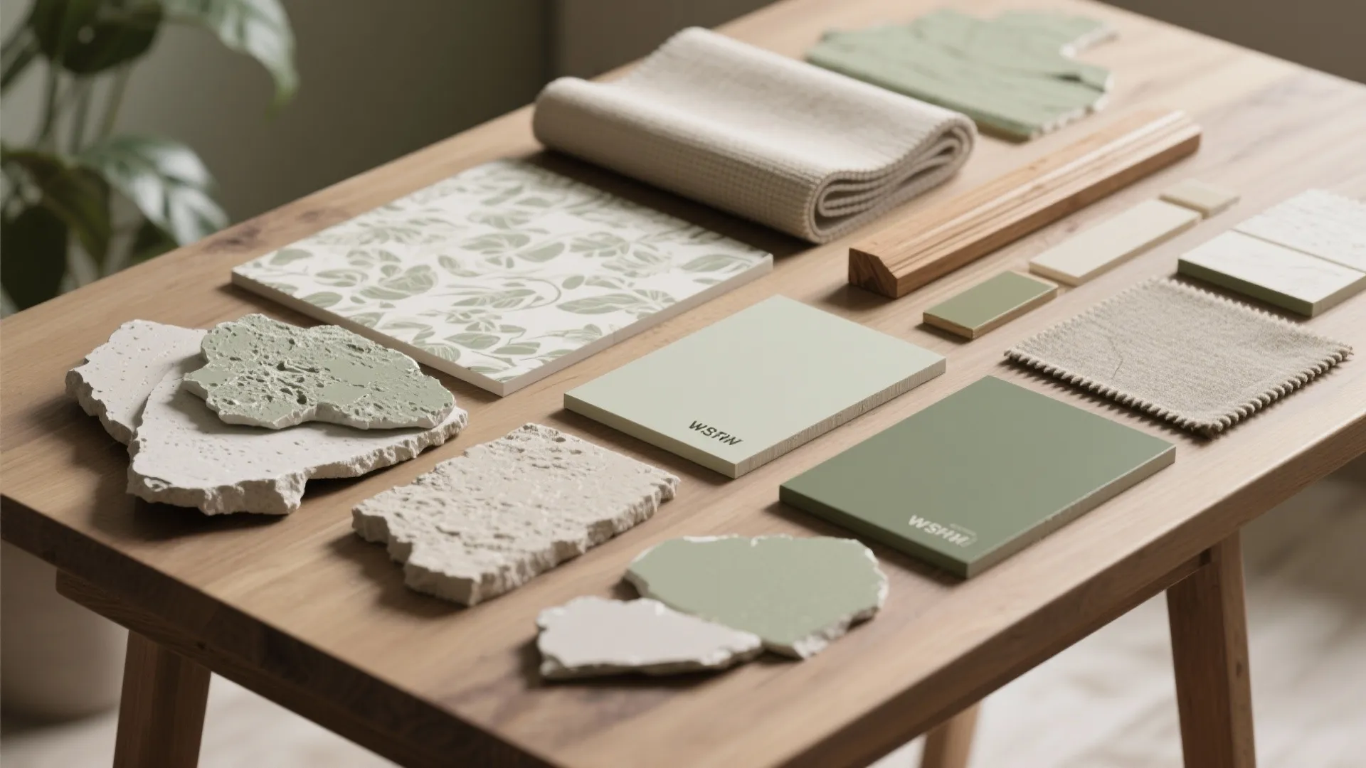 Collection of interior design material samples including green paint, fabric, wood, and stone on table