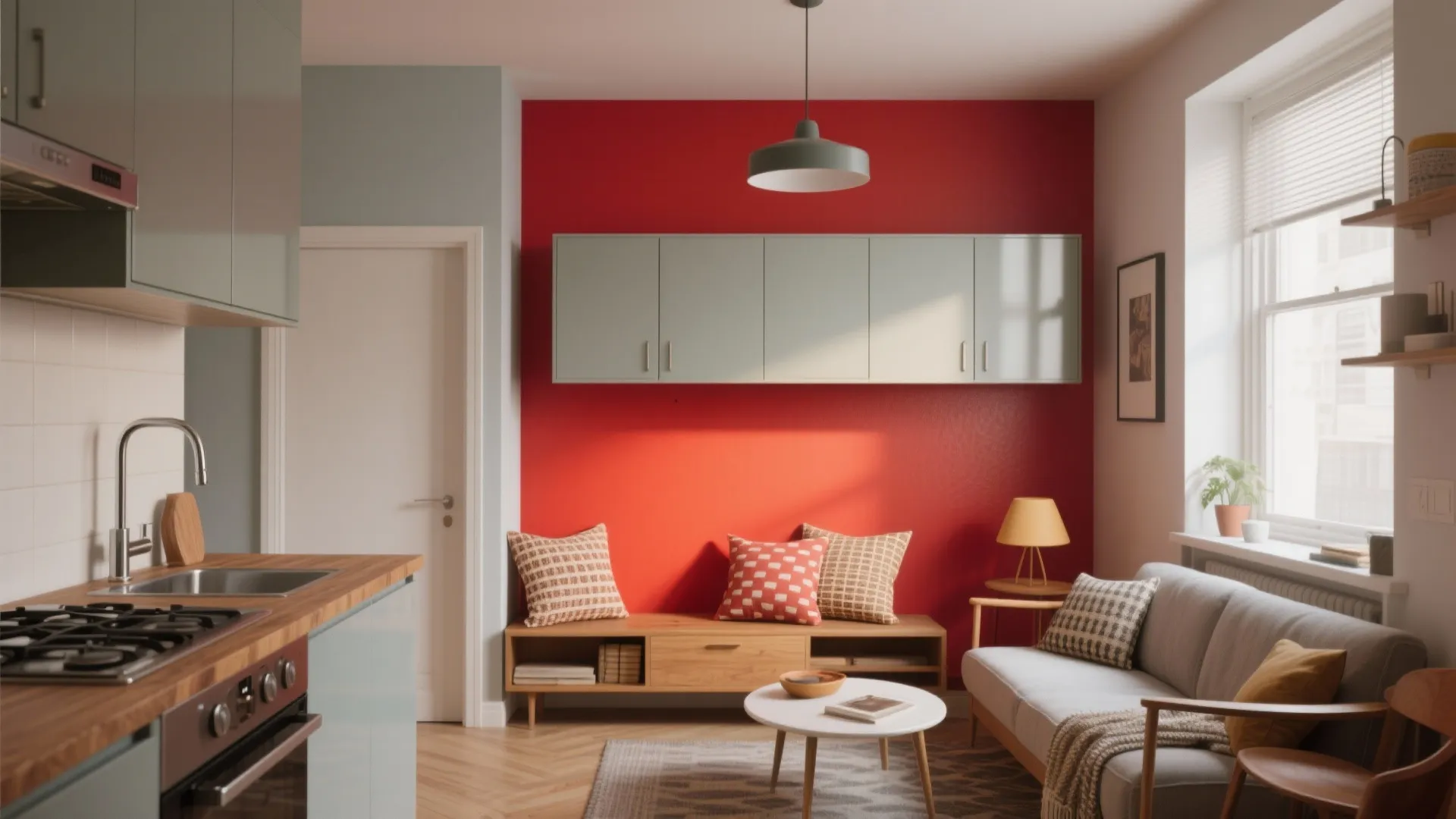 Small apartment showing the same accent color on a feature wall, cabinet fronts, and textiles for a unified look.