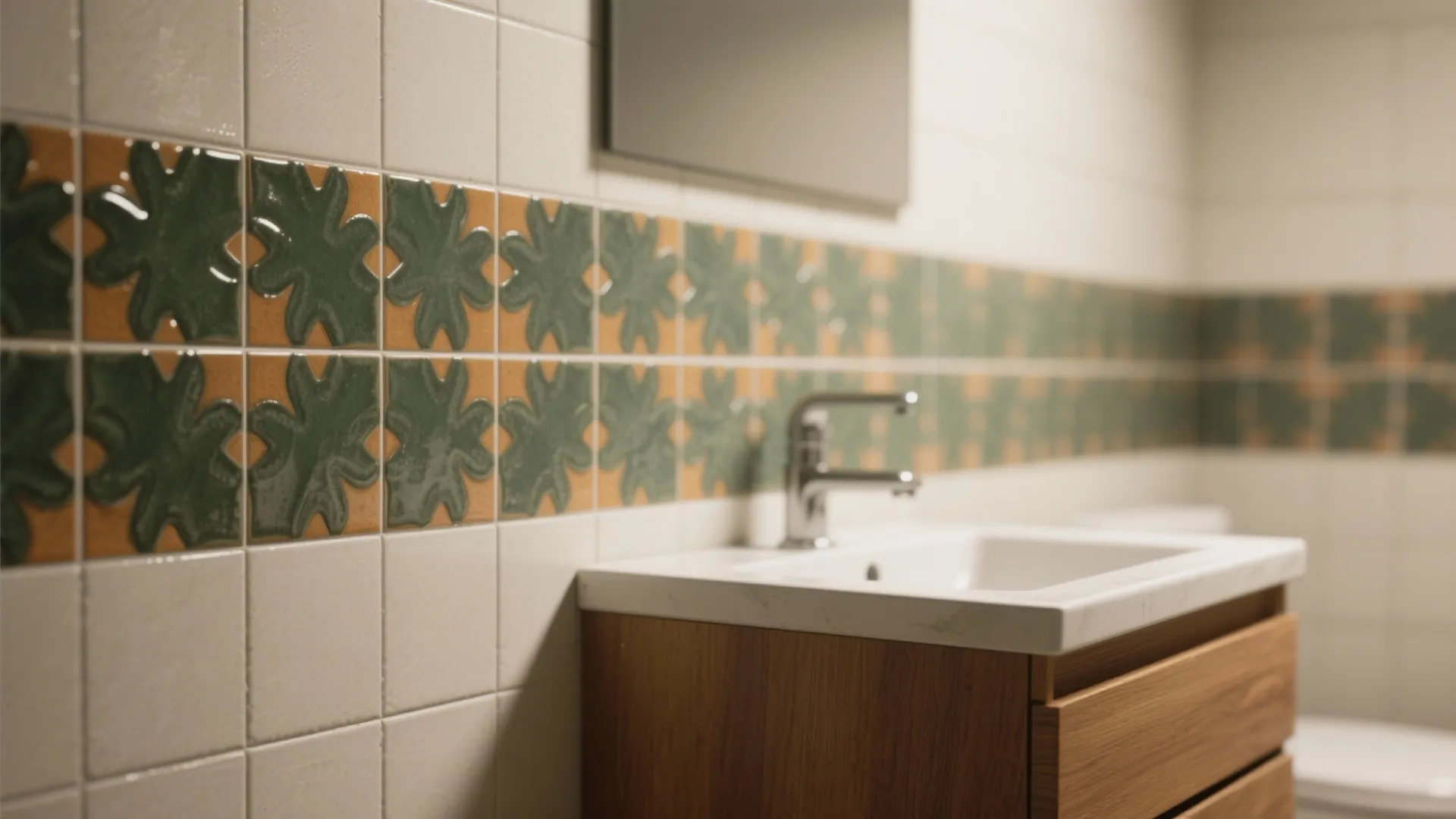 Bathroom wall with white tiles and a decorative green floral pattern strip above a wooden cabinet