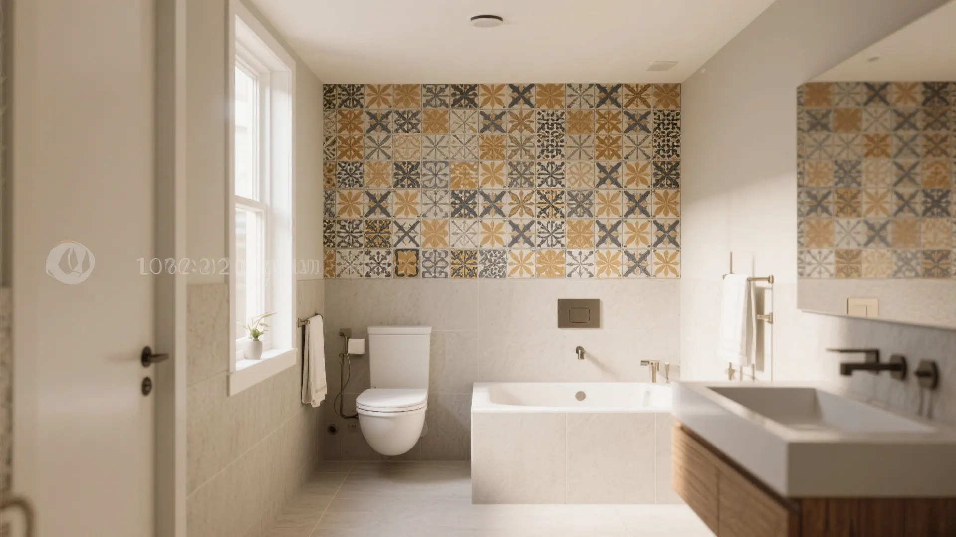 Modern bathroom with pattern wall tiles behind a white bathtub toilet and wooden sink cabinet